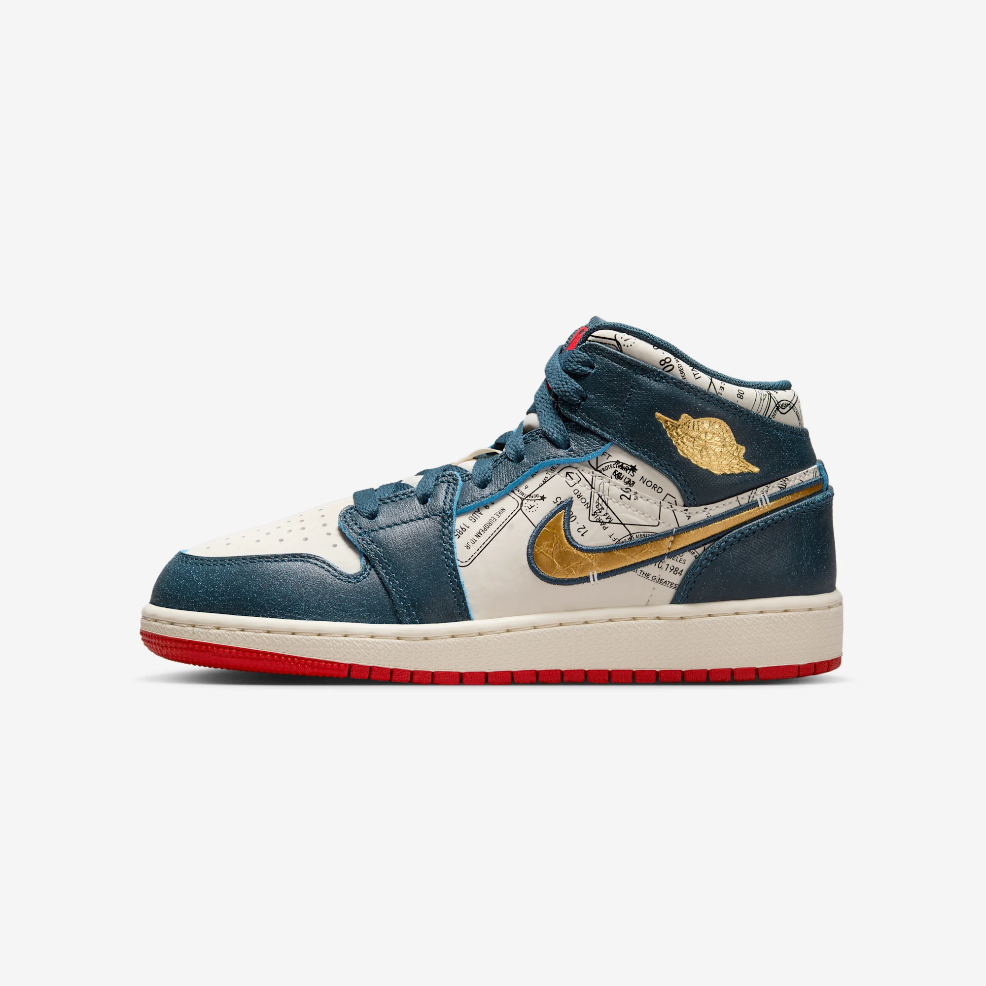 Air Jordan 1 Mid GS "Travel Pack" 2024 Armory Navy/Metallic Gold/Pale Ivory/Sport Red/Black