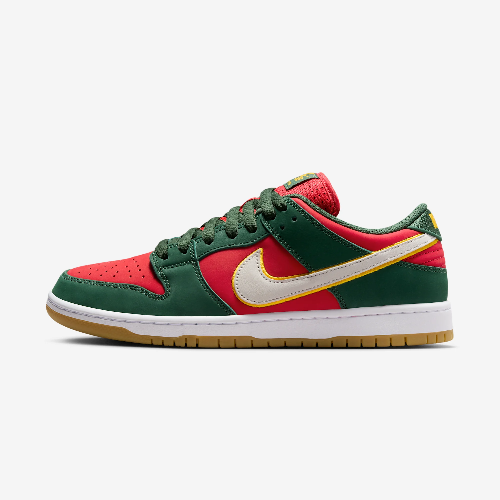 Nike SB Dunk Low Pro PRM "Seattle Supersonics" Fir/White/University Gold/Fire Red/White/Gum Light Brown