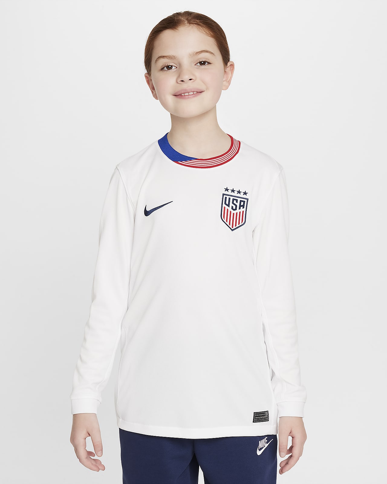 Jersey de fútbol de manga larga Nike Dri-FIT replica de la selección femenina de fútbol de los Estad os Unidos 2024 Stadium local para niño talla grande