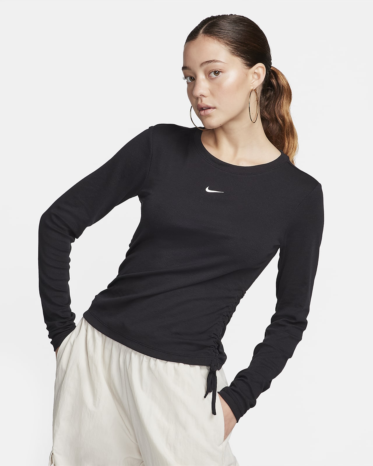 Damska prążkowana koszulka o średniej długości z długim rękawem Nike Sportswear Essential