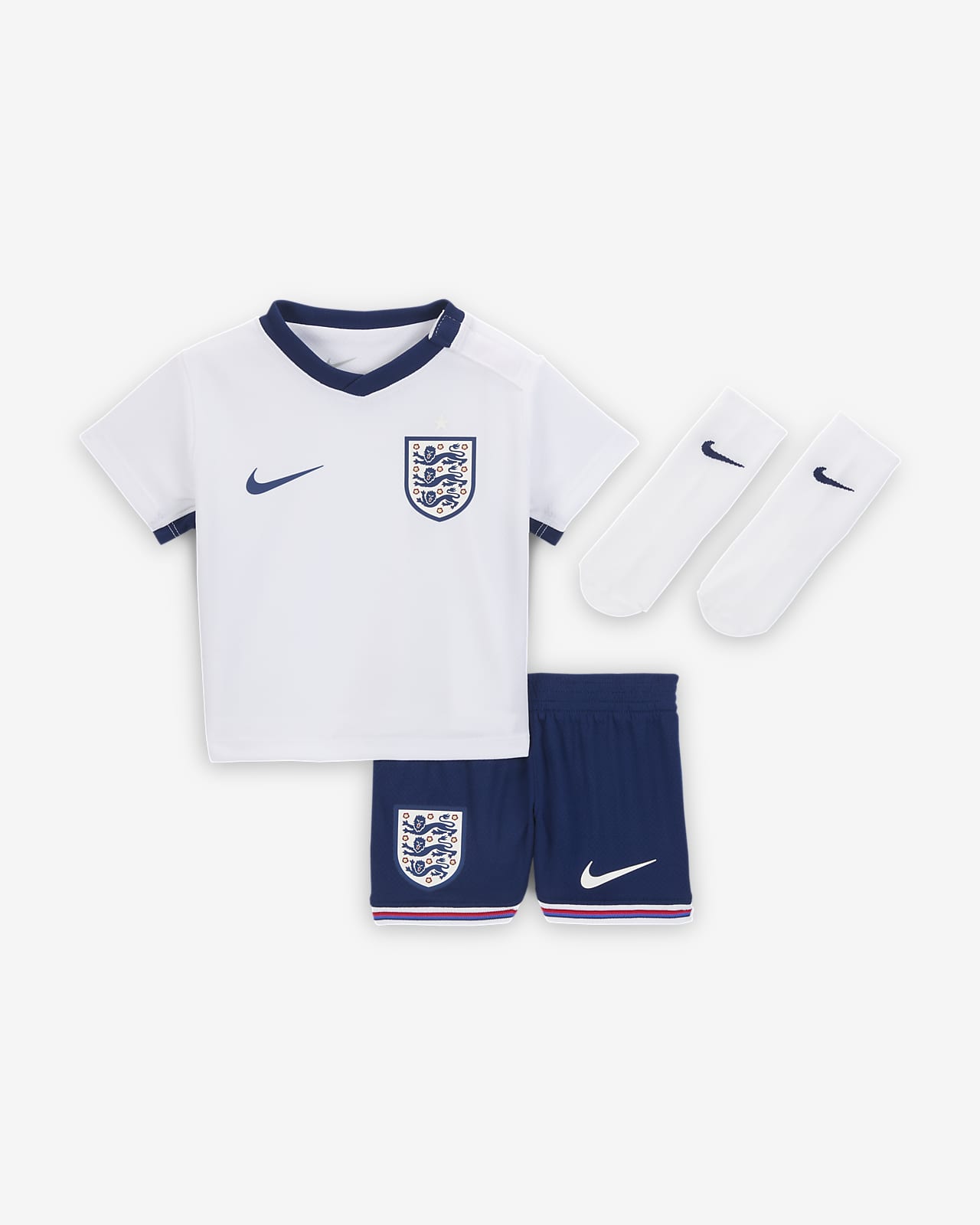 Conjunto de três peças de futebol de réplica Nike do equipamento principal Stadium Inglaterra 2024 para bebé