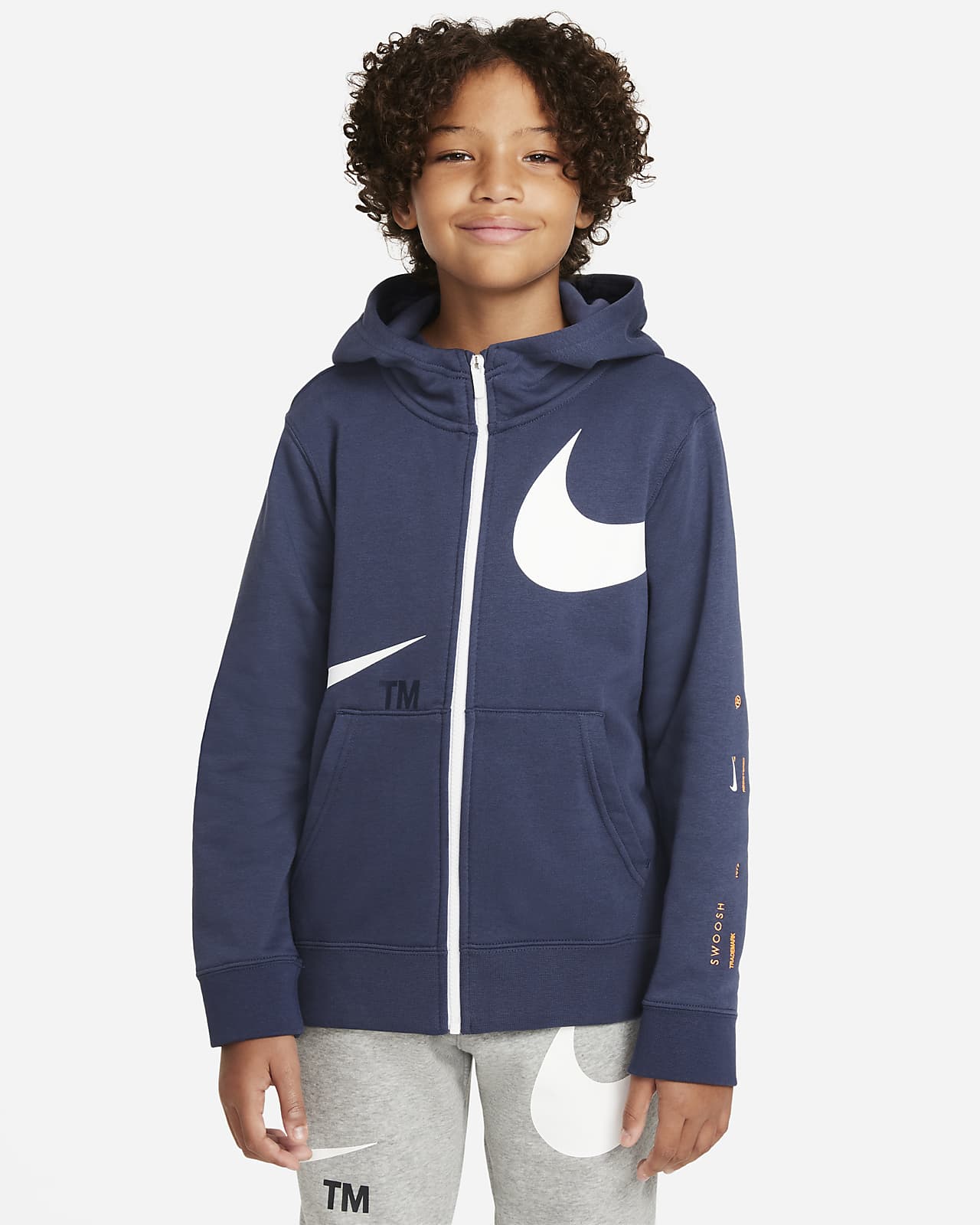 Hoodie de lã cardada com fecho completo Nike Sportswear Swoosh Júnior (Rapaz)