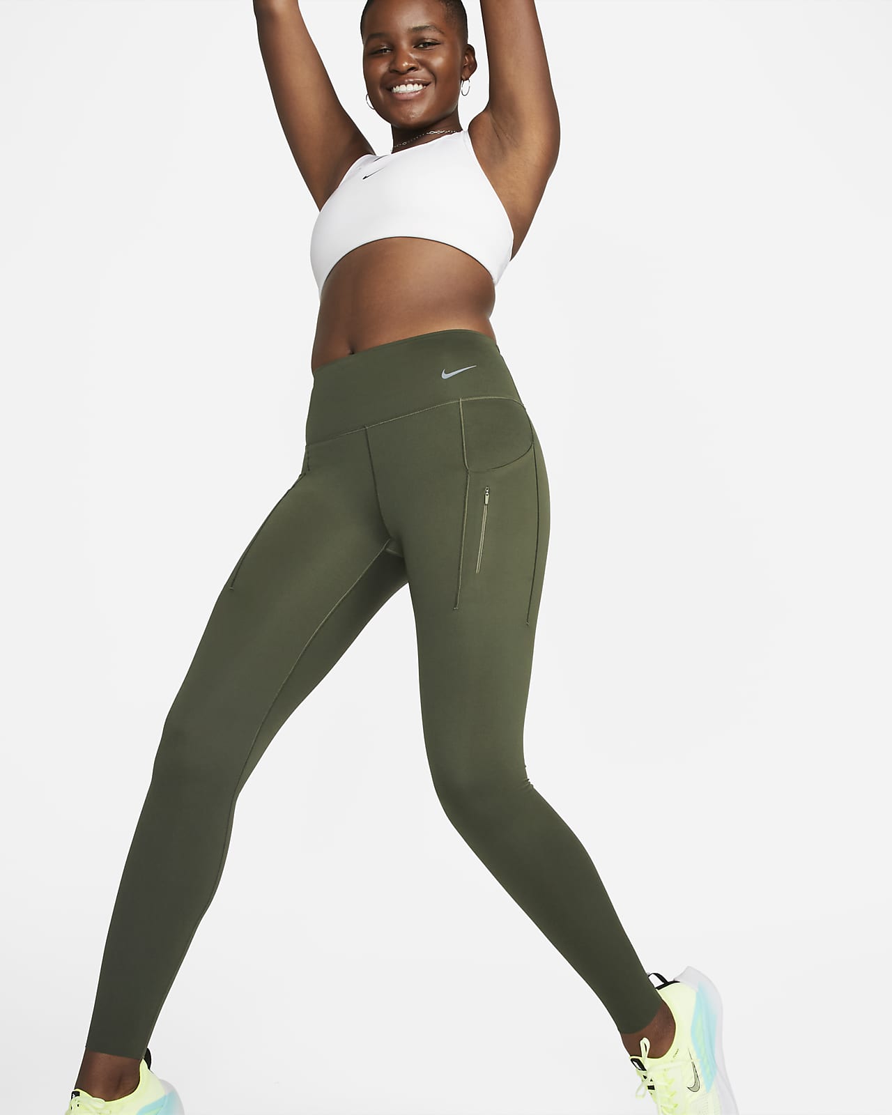 Lange Nike Go-leggings med højt støtteniveau, mellemhøj talje og lommer til kvinder