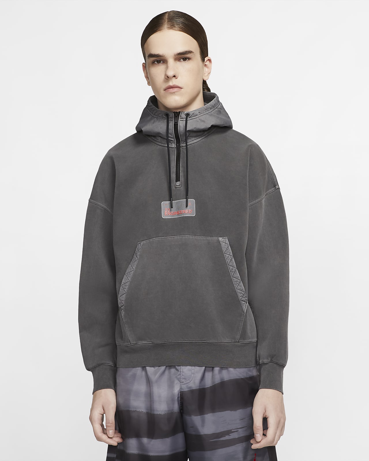 nike winter fleece hoodie with nylon panels in grey