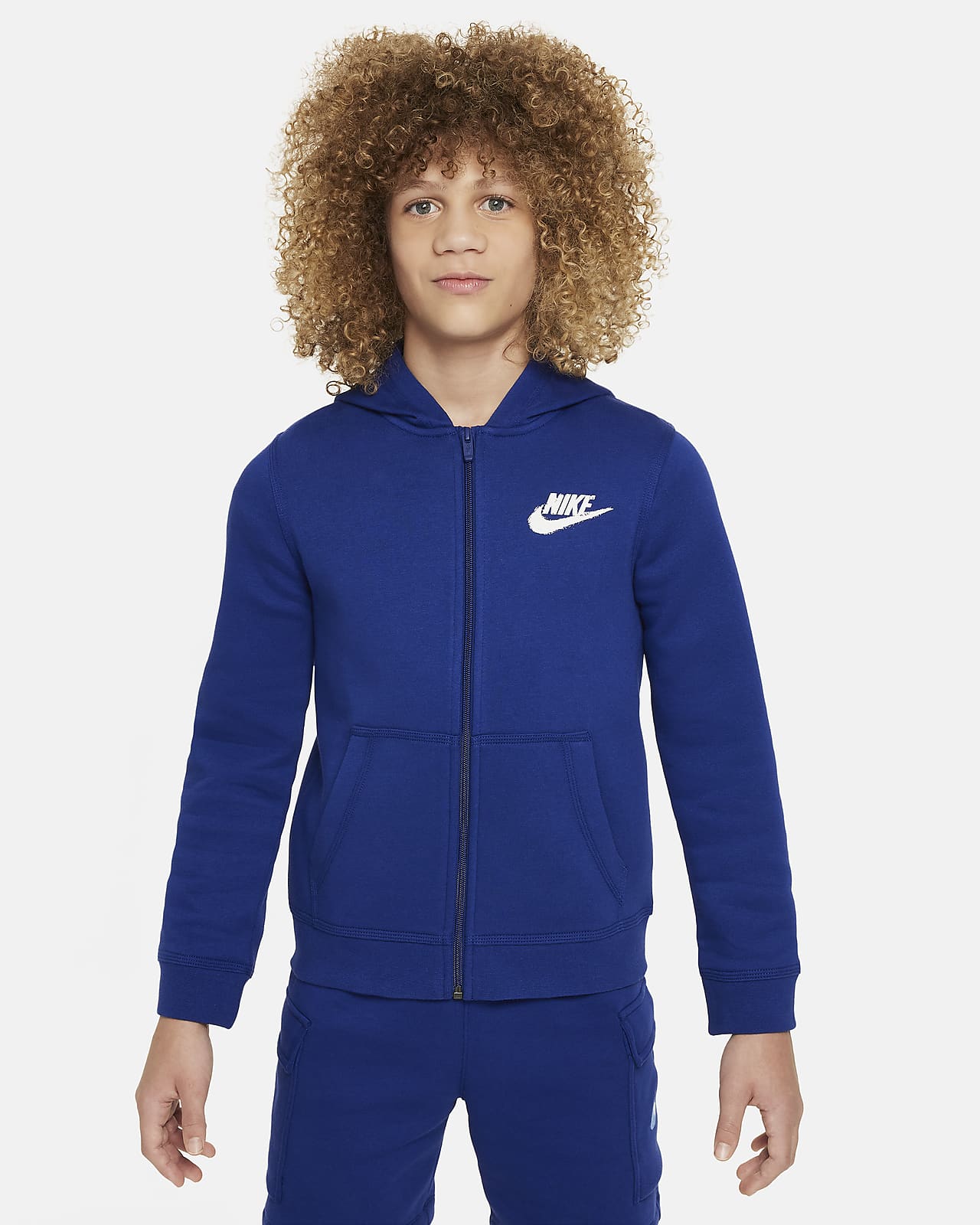 Fleecehuvtröja Nike Sportswear Club med hel dragkedja och tryck för ungdom (killar)