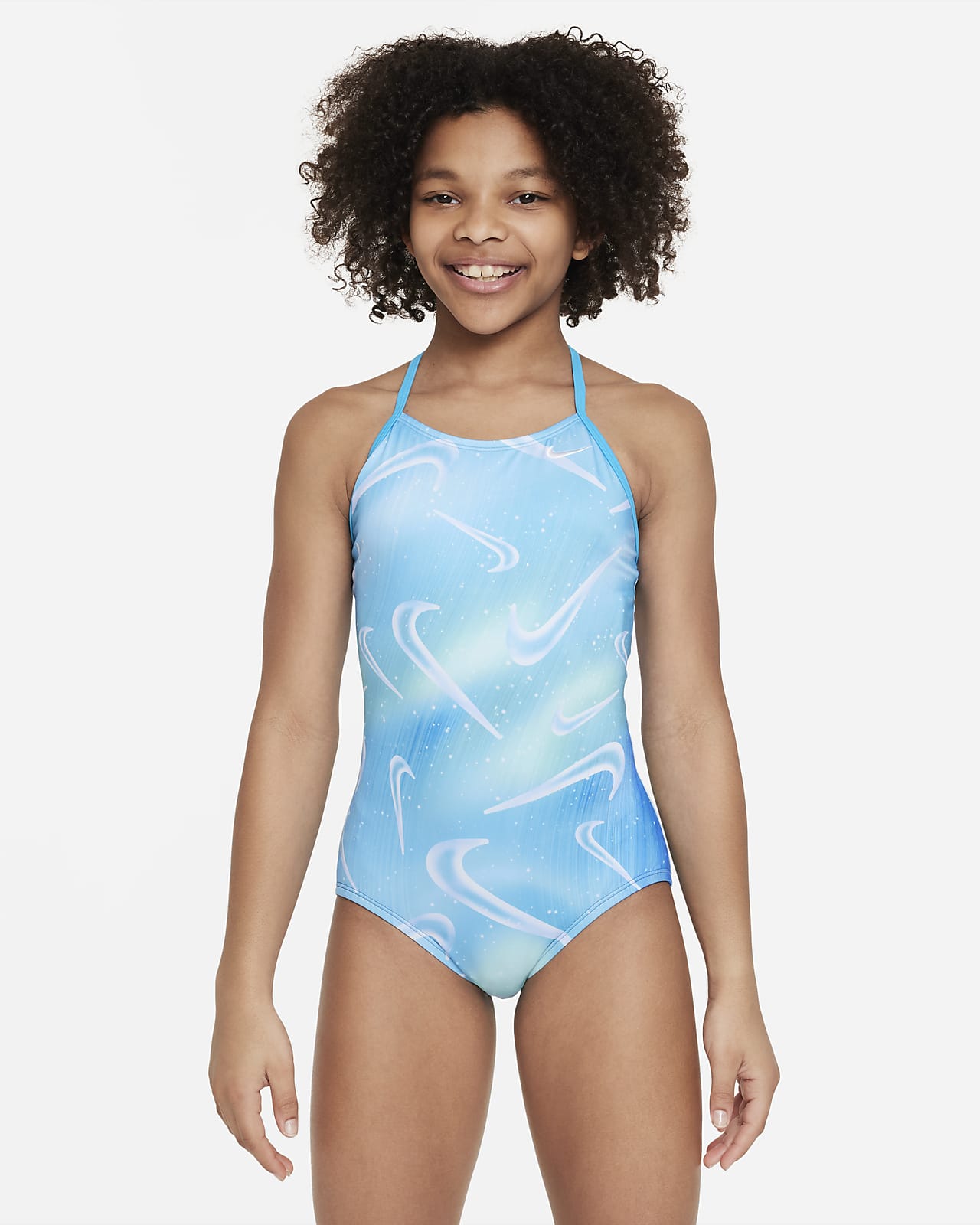 referentie Fabriek Pompeii Nike Aurora Swoosh einteiliger Badeanzug mit Cross-Back für ältere Kinder  (Mädchen). Nike DE