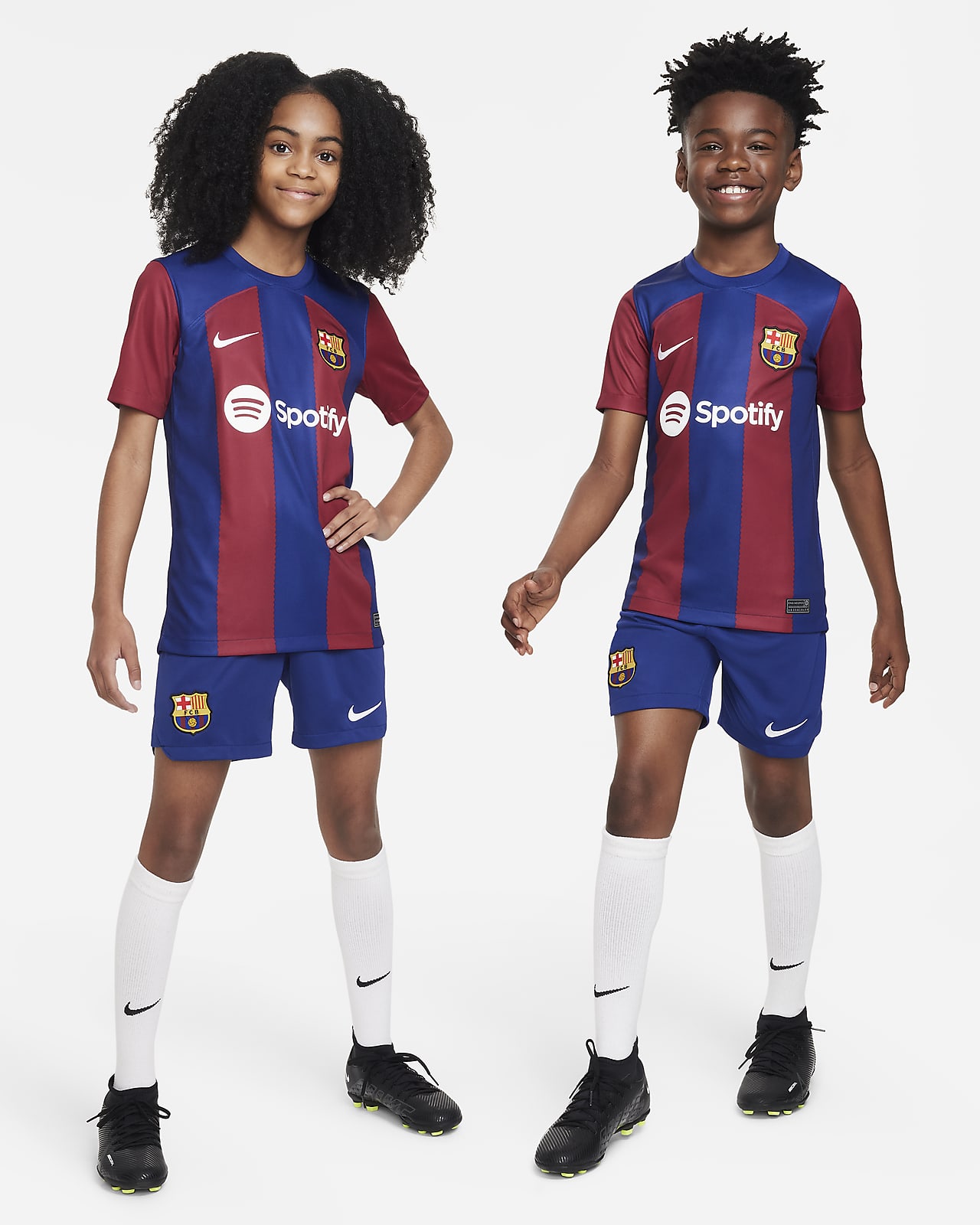 FC Barcelona 2023/24 Stadium Home Big Kids' Nike Dri-FIT Soccer Jersey.
