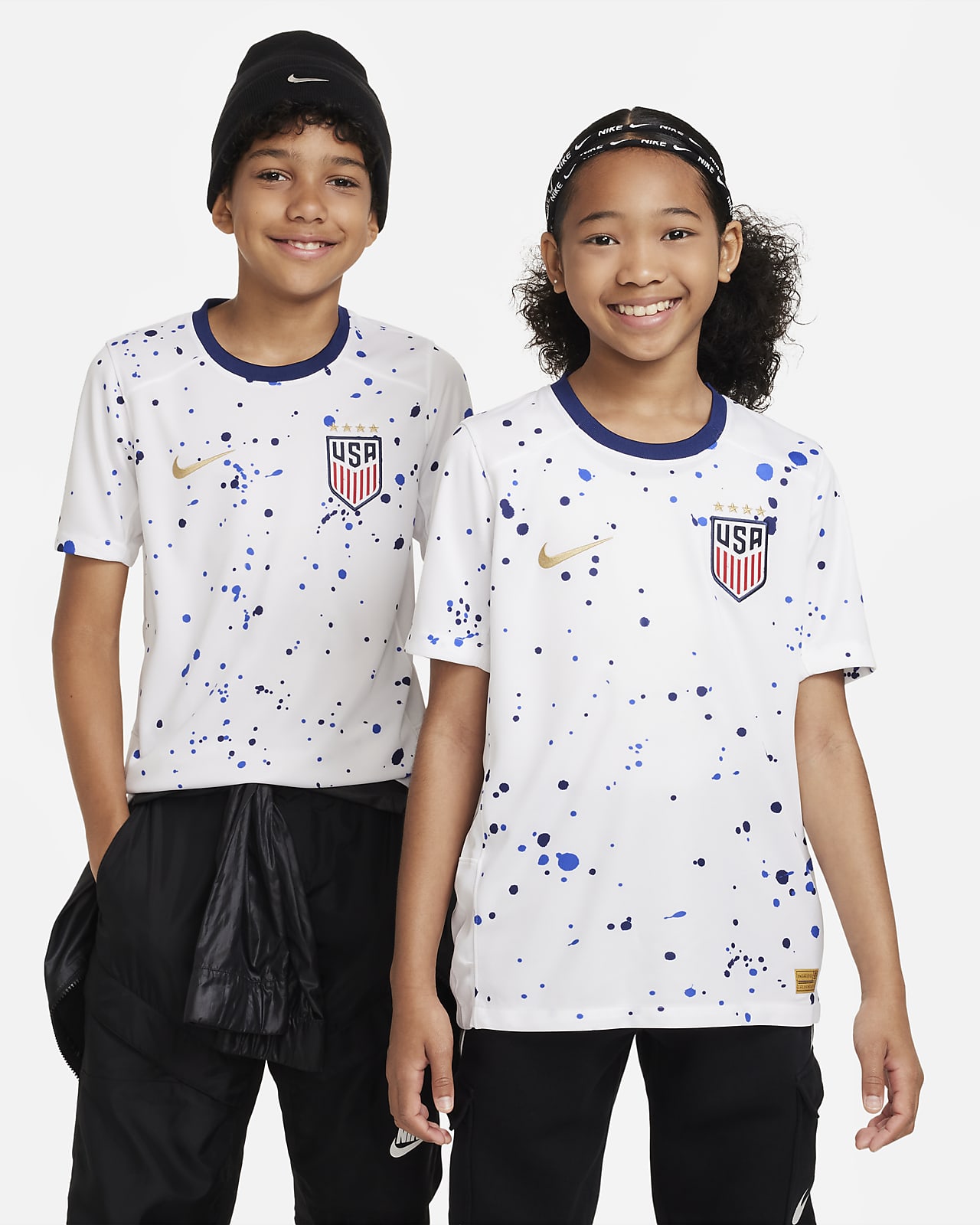 Jersey de fútbol Nike Dri-FIT de la selección nacional de fútbol femenino de Estados Unidos (4 estrellas) local 2023 Stadium para niños talla grande