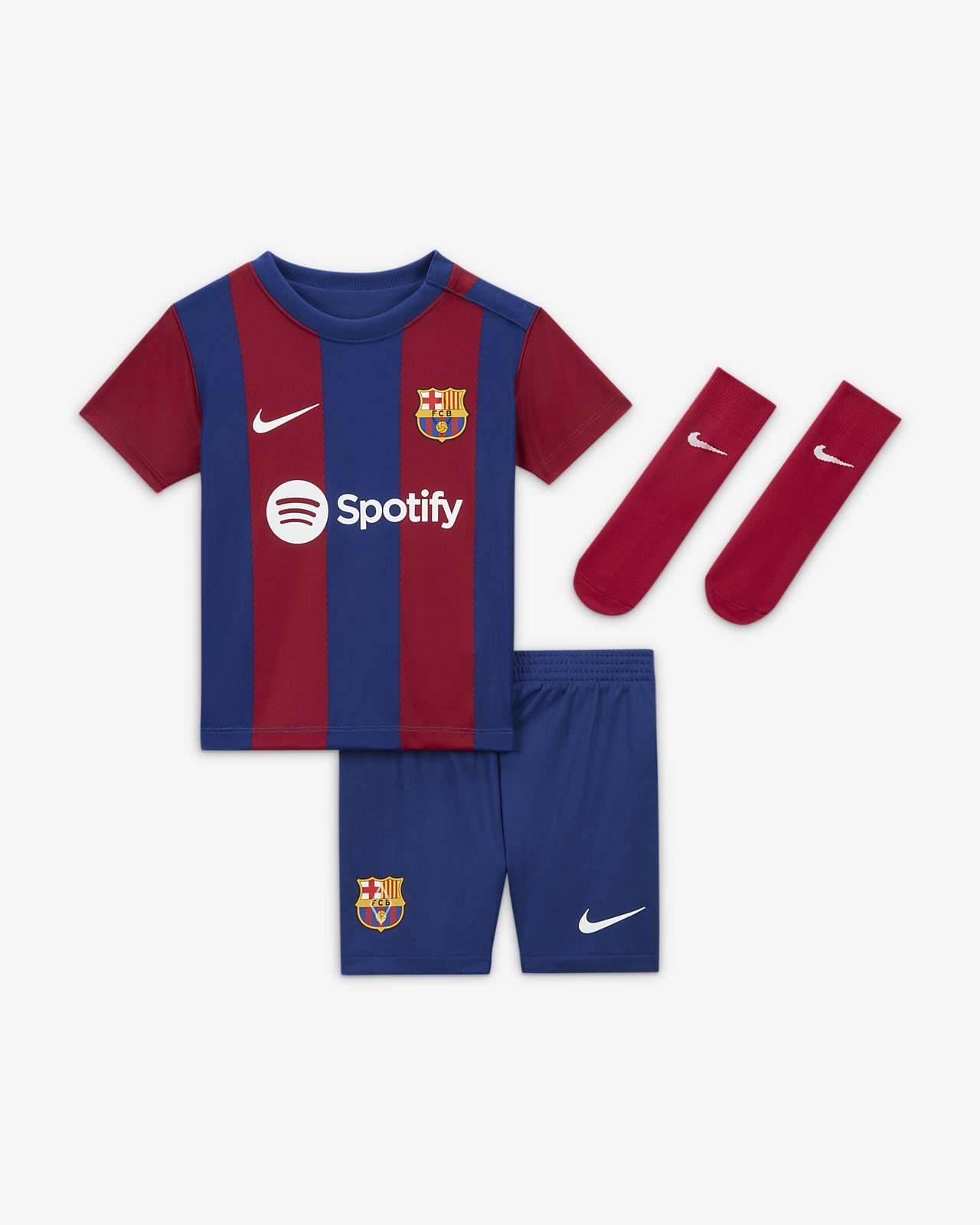 Conjunto de três peças Nike Dri-FIT do equipamento principal FC Barcelona 2023/24 para bebé