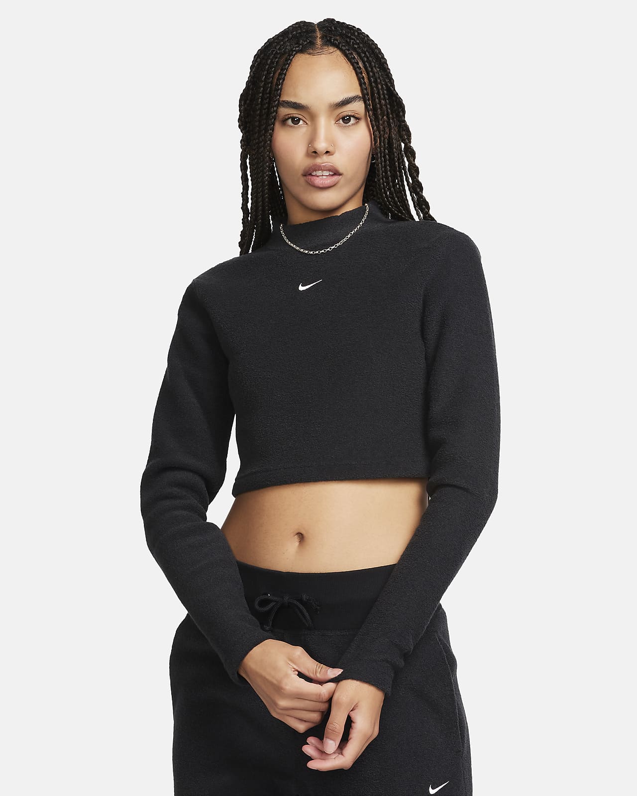Maglia slim fit corta in fleece a manica lunga con collo a lupetto Nike Sportswear Phoenix Plush – Donna