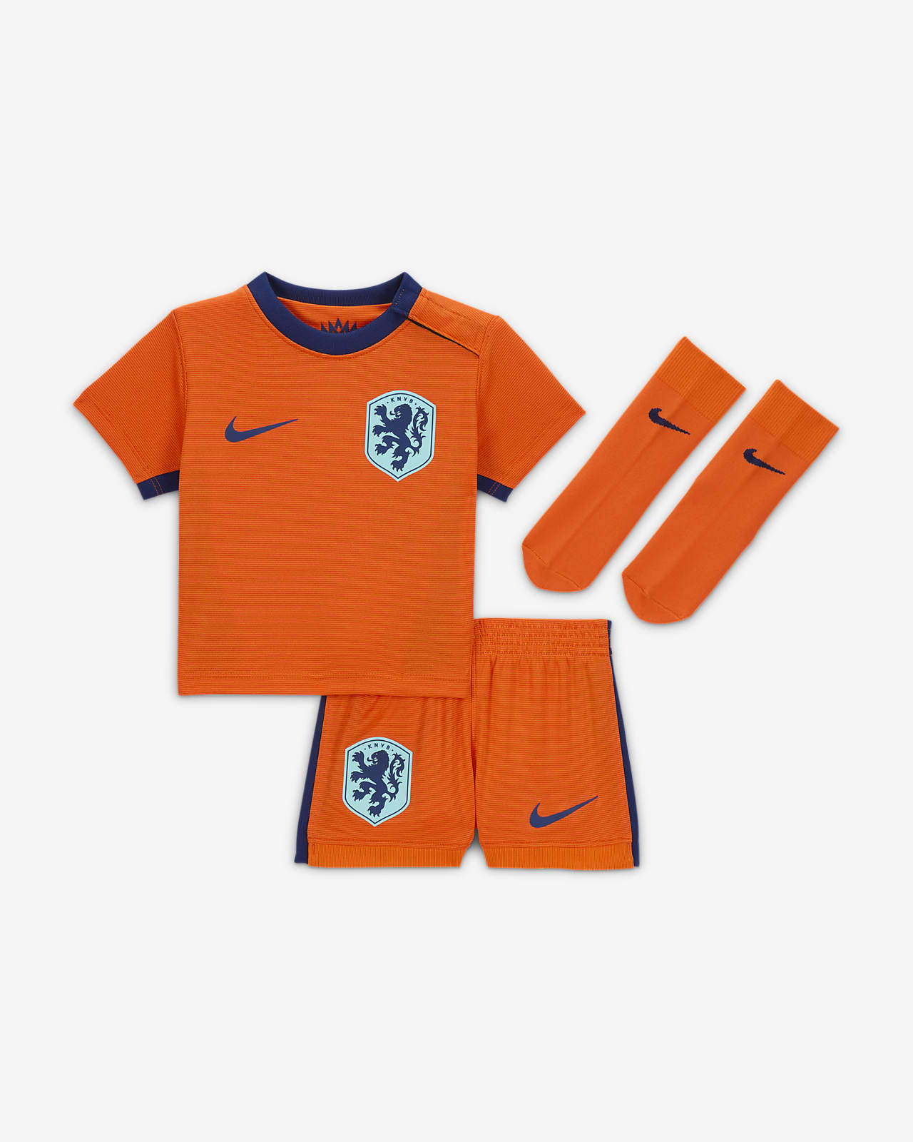 Conjunto de três peças de futebol de réplica Nike do equipamento principal Stadium Países Baixos 2024 para bebé