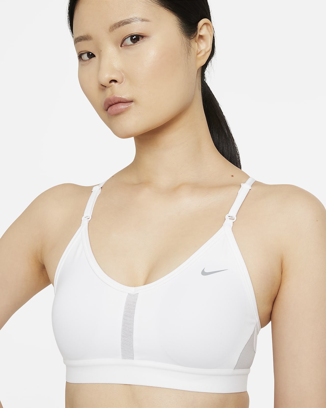 Бюстгальтер спортивный Nike Indy Bra V-Neck W - white/grey fog/particle  grey – купить за 5 510 руб