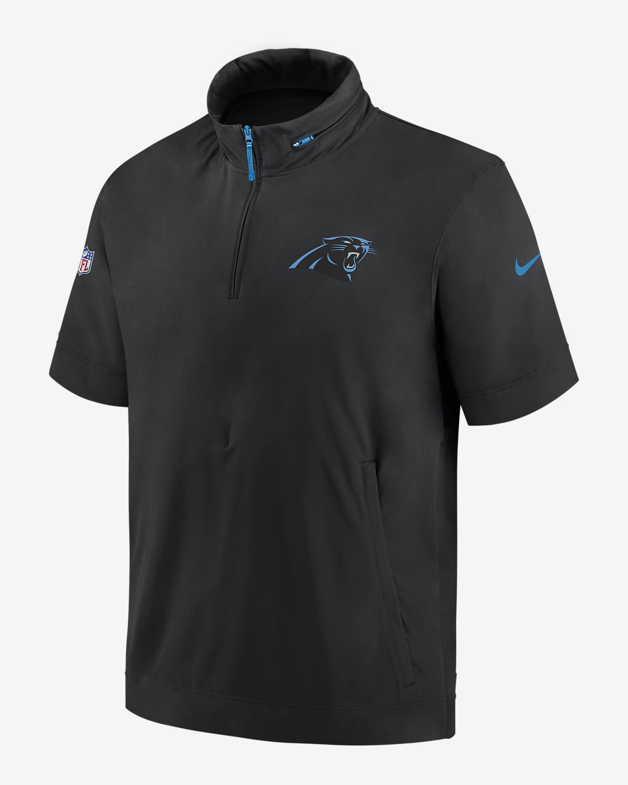 Chamarra de manga corta Nike de la NFL con gorro y medio cierre para hombre Carolina Panthers Sideline Coach