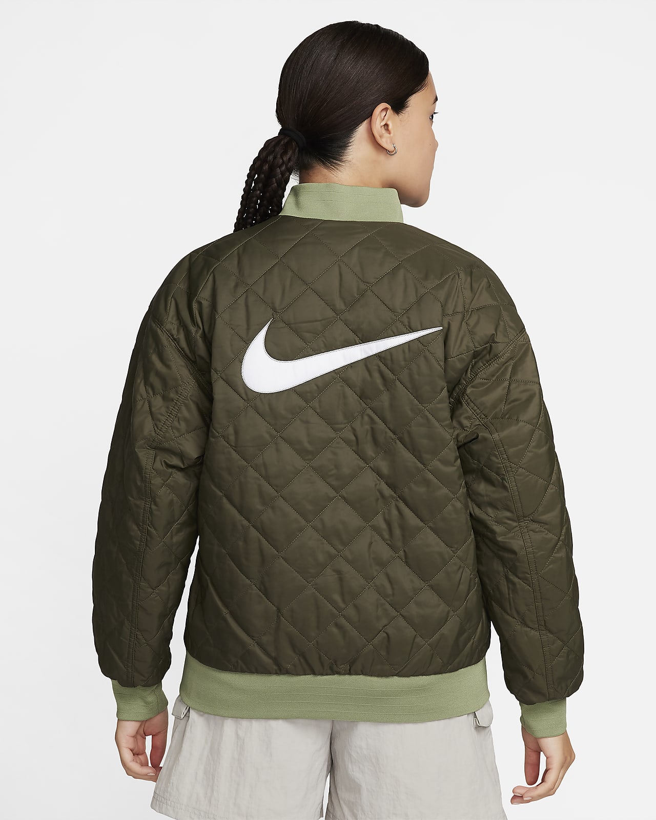 Nike Women's Sportswear Reversible Bomber Jacket in Green/Oil Green Size Medium | 100% Nylon/100% Polyester/Spandex