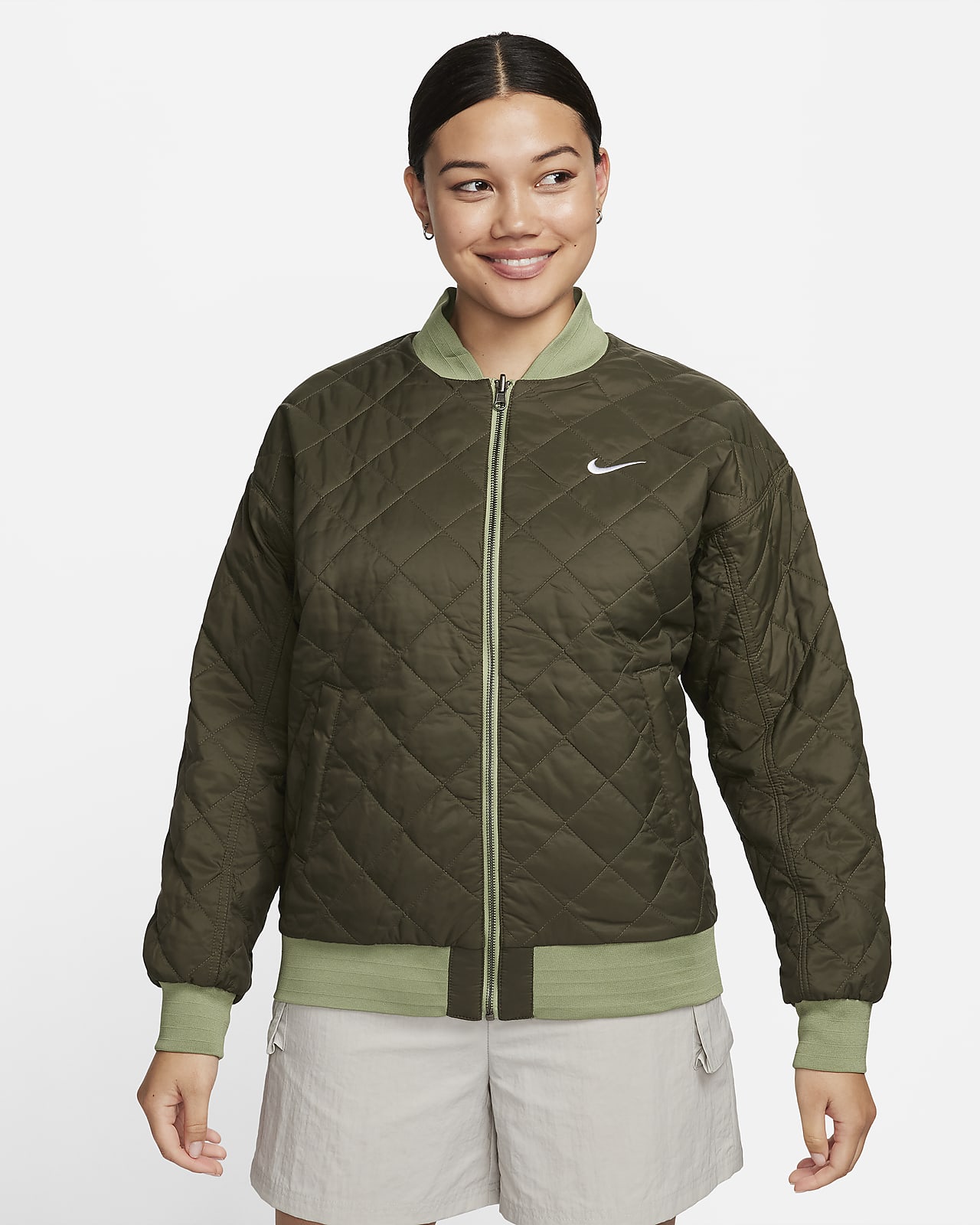 Nike Women's Sportswear Reversible Bomber Jacket in Green/Oil Green Size Medium | 100% Nylon/100% Polyester/Spandex