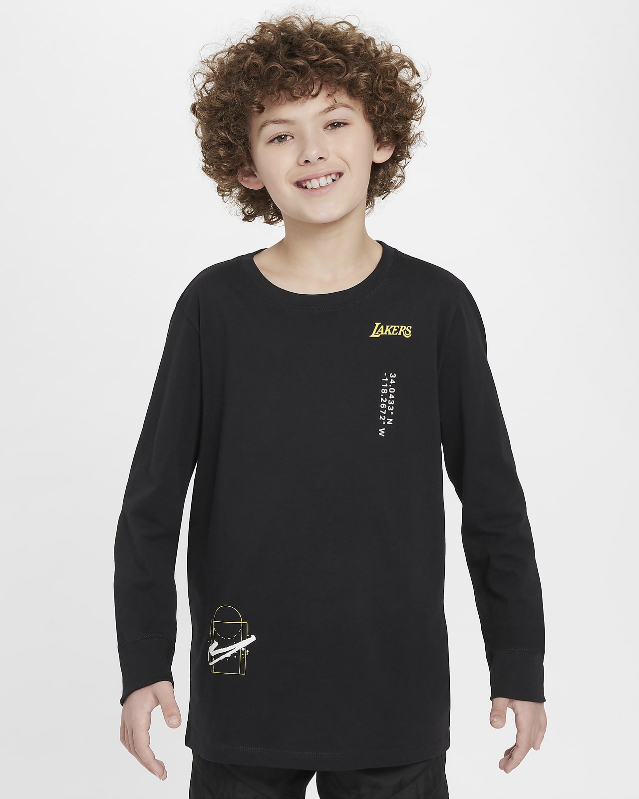 Los Angeles Lakers Courtside Max90-Nike NBA-T-Shirt med lange ærmer til større børn (drenge)