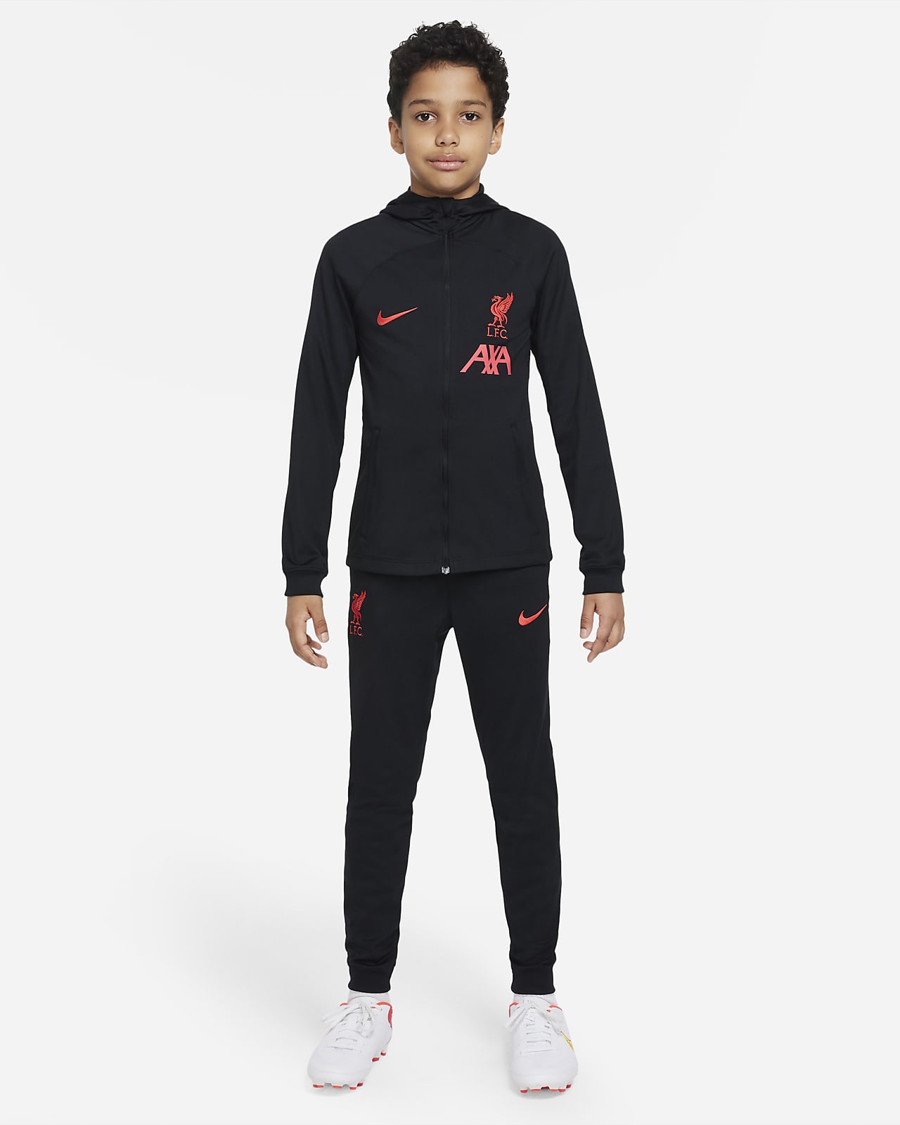 Liverpool FC Strike Nike Dri-FIT fotballtracksuit med hette til store barn