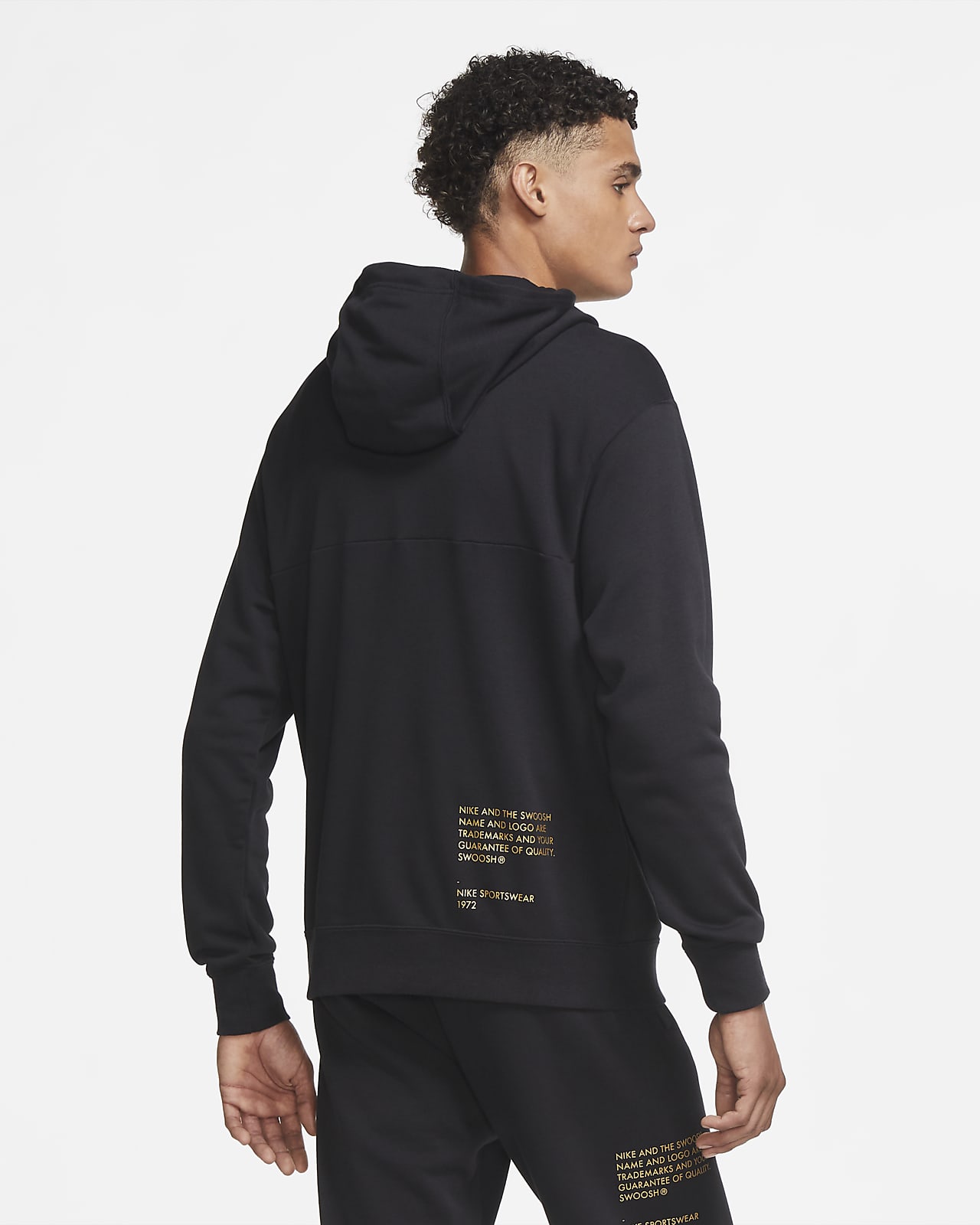 black nike hoodie with gold swoosh