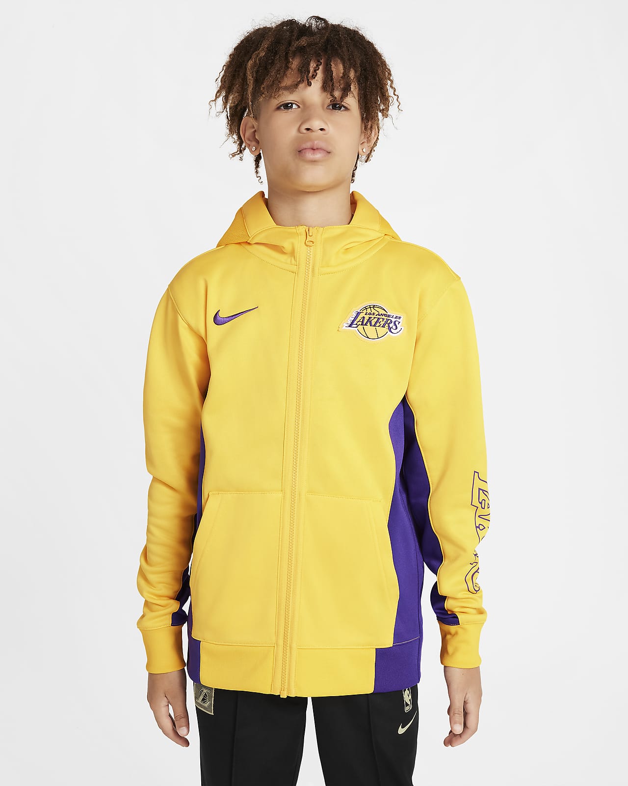 Los Angeles Lakers Showtime Nike Dri-FIT NBA-hættetrøje med fuld lynlås til større børn