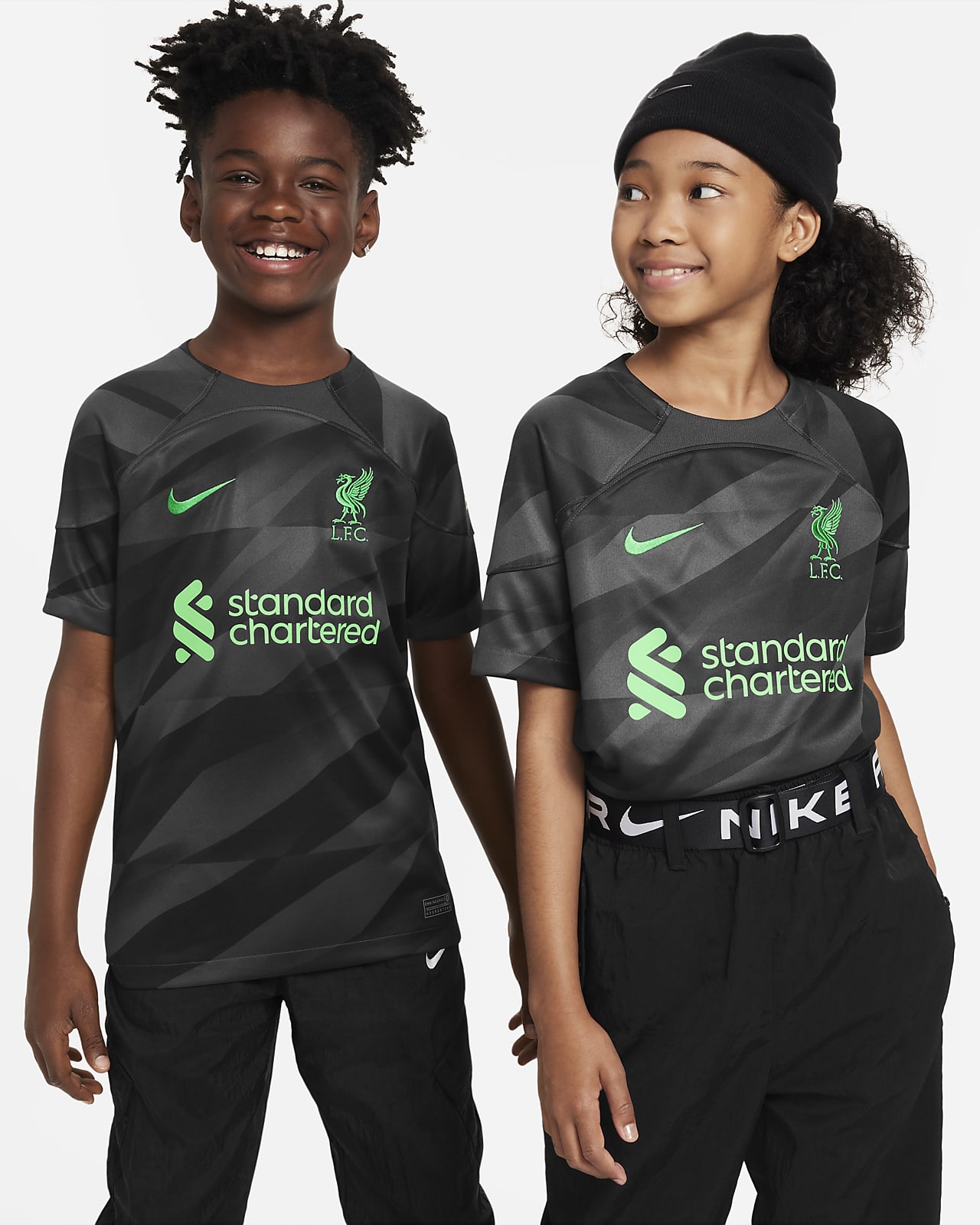 Kortærmet Liverpool FC 2023/24 Stadium Goalkeeper Nike Dri-FIT-fodboldtrøje til større børn