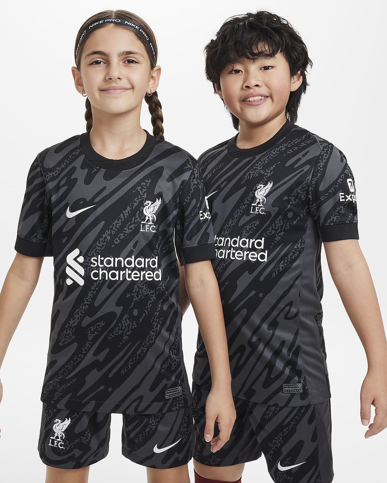 Camisola de futebol de manga curta de réplica Nike Dri-FIT do equipamento de guarda-redes Stadium Liverpool FC Júnior