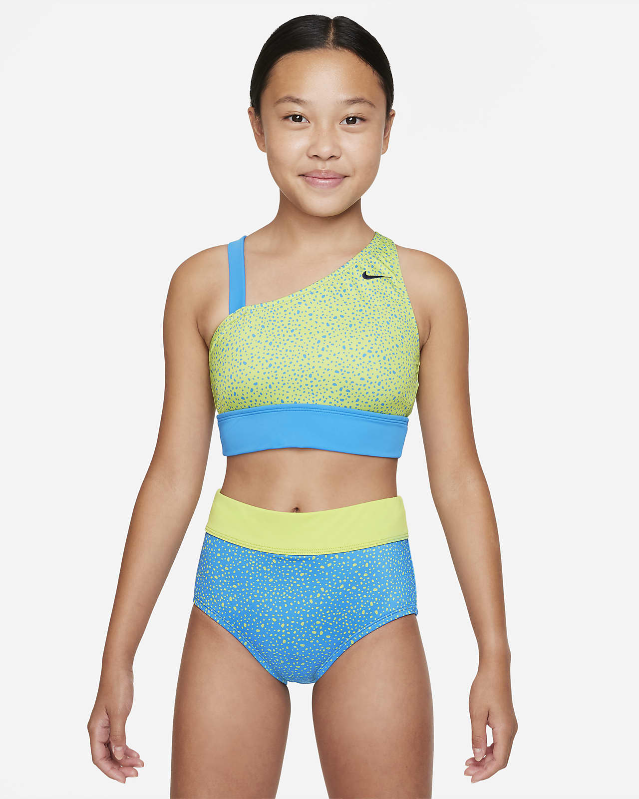 Y así Mortal Zoológico de noche Conjunto de top asimétrico y bikini de cintura alta Nike Water Dots para  niña talla grande. Nike.com