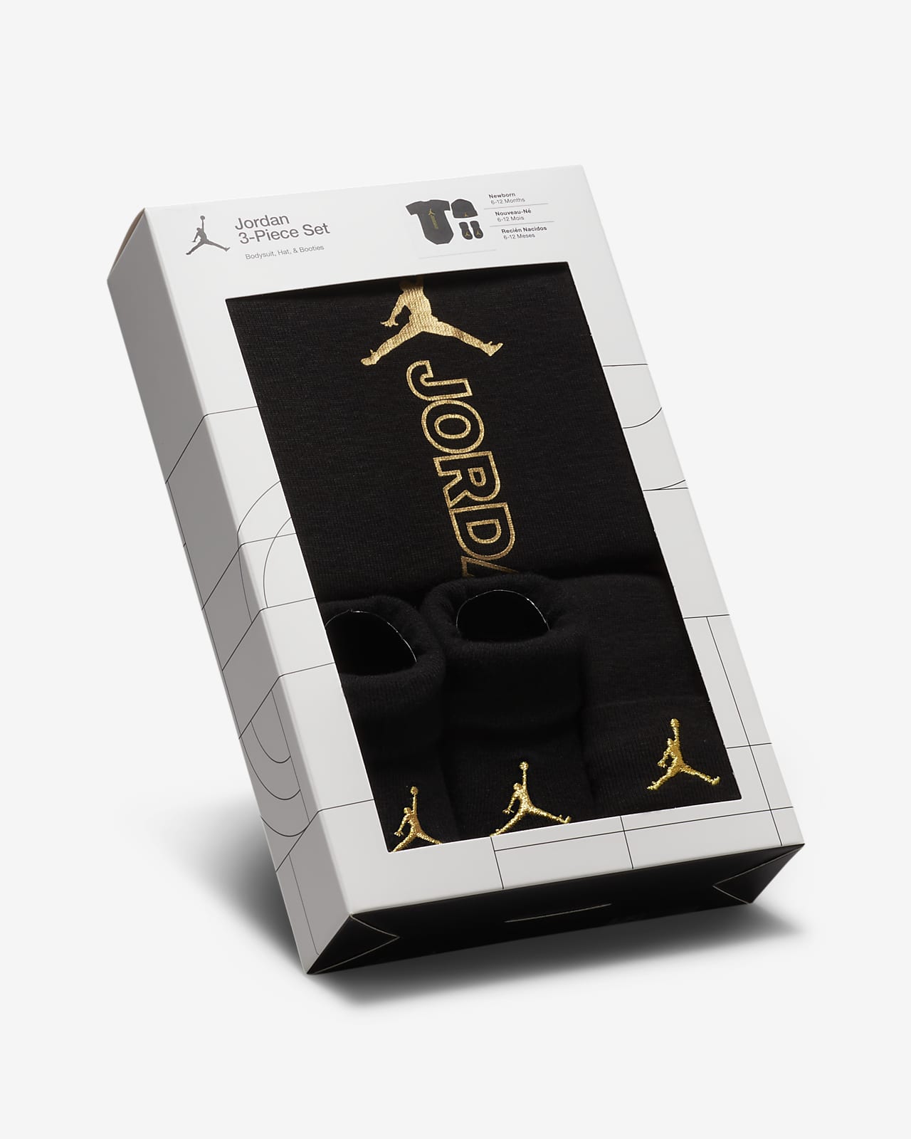 Jordan Black & Gold Bodysuit, Hat and Booties Box Set Baby Set. Nike LU