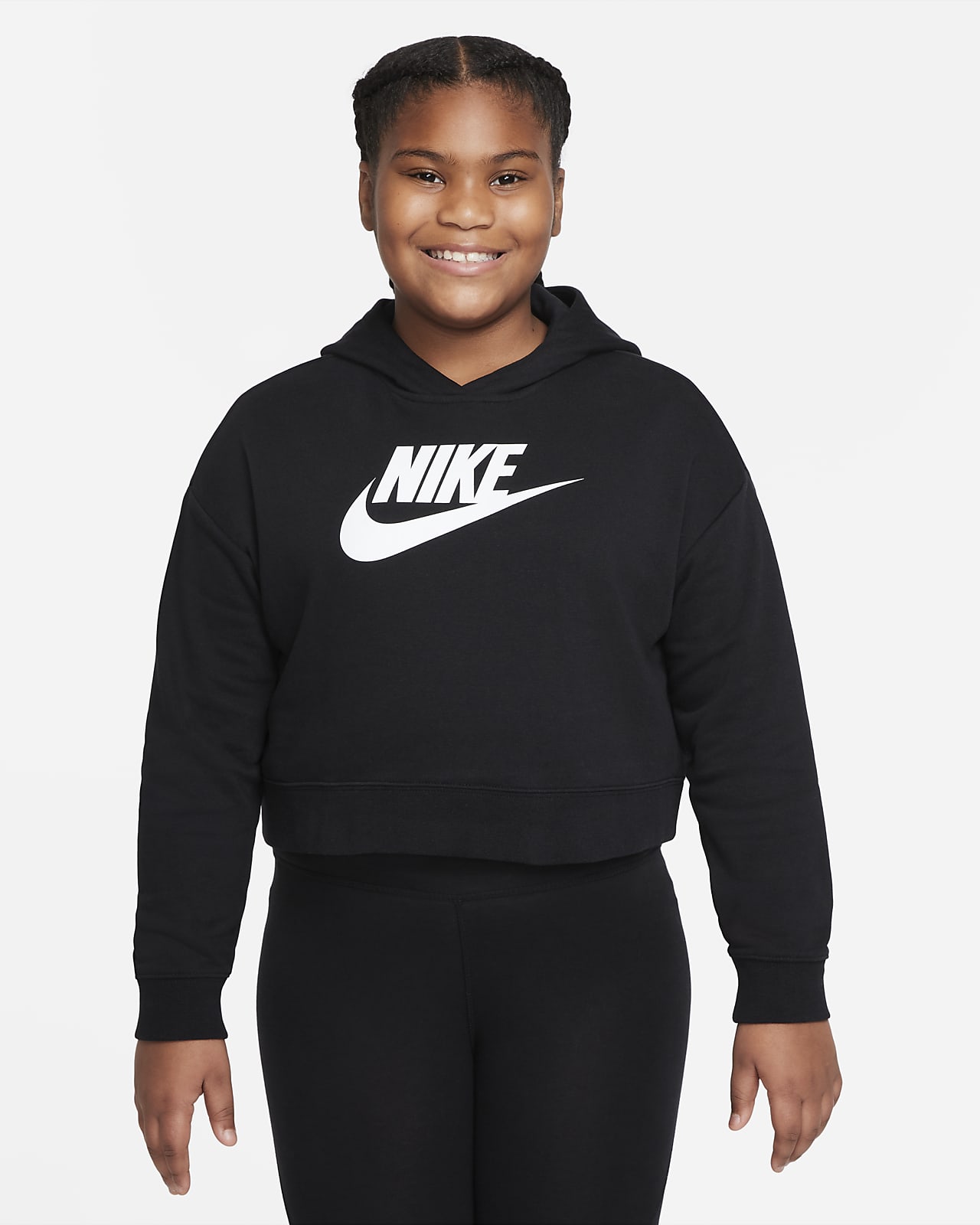 Zkrácená mikina Nike Sportswear Club s kapucí z francouzského froté pro větší děti (dívky) (rozšířená velikost)