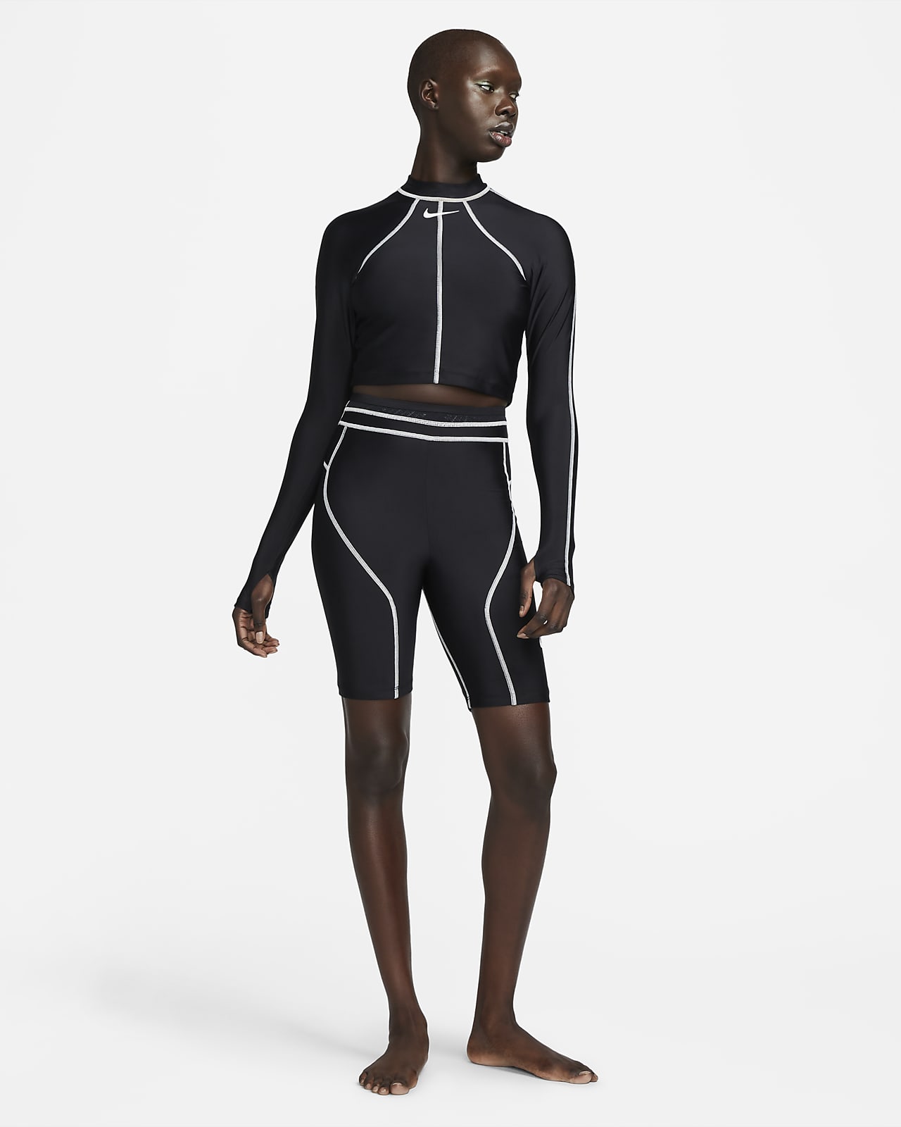 Nike Swimming hydroguard long sleeve crop bikini top in black