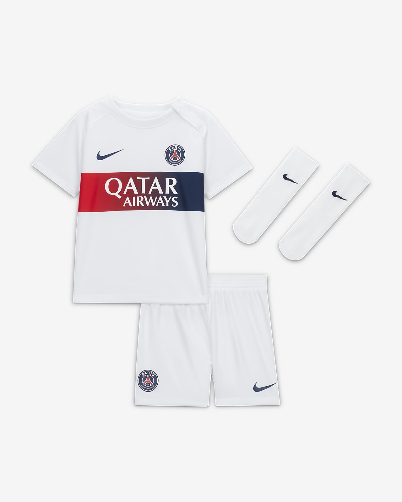 Paris Saint-Germain 2023/24 (bortedrakt) Nike Dri-FIT draktsett i tre deler til sped-/småbarn