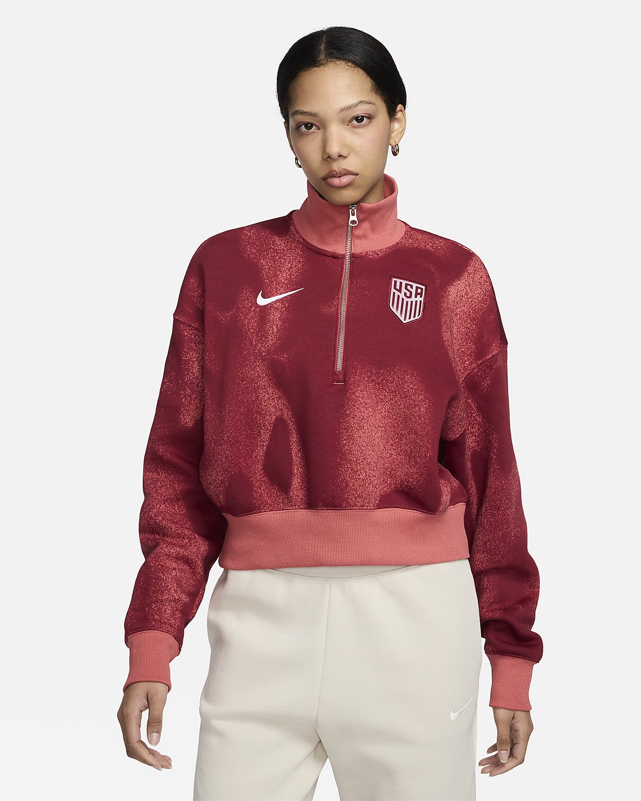 Sudadera de fútbol Nike oversized cropped de medio cierre para mujer de la selección nacional de fútbol masculino de Estados Unidos Phoenix Fleece