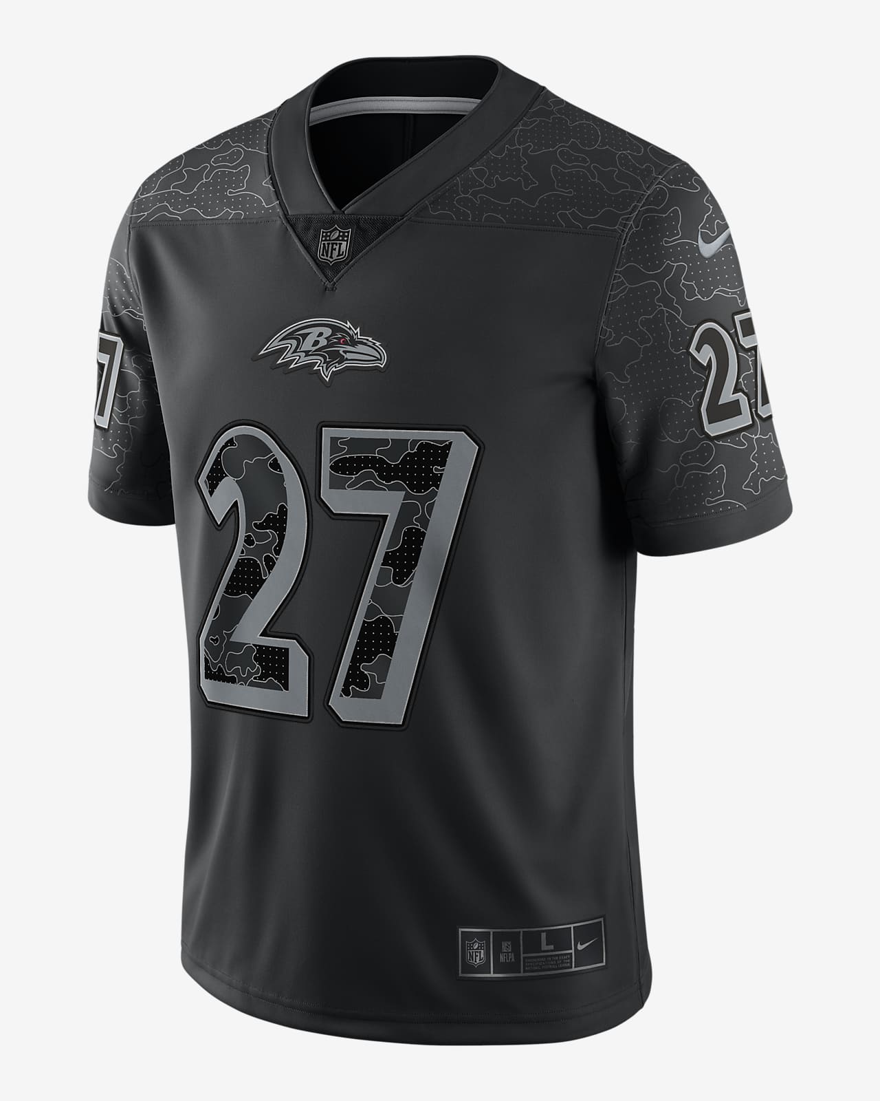 Jersey de fútbol americano a la moda para hombre Baltimore Ravens RFLCTV de la NFL (J.K. Dobbins)