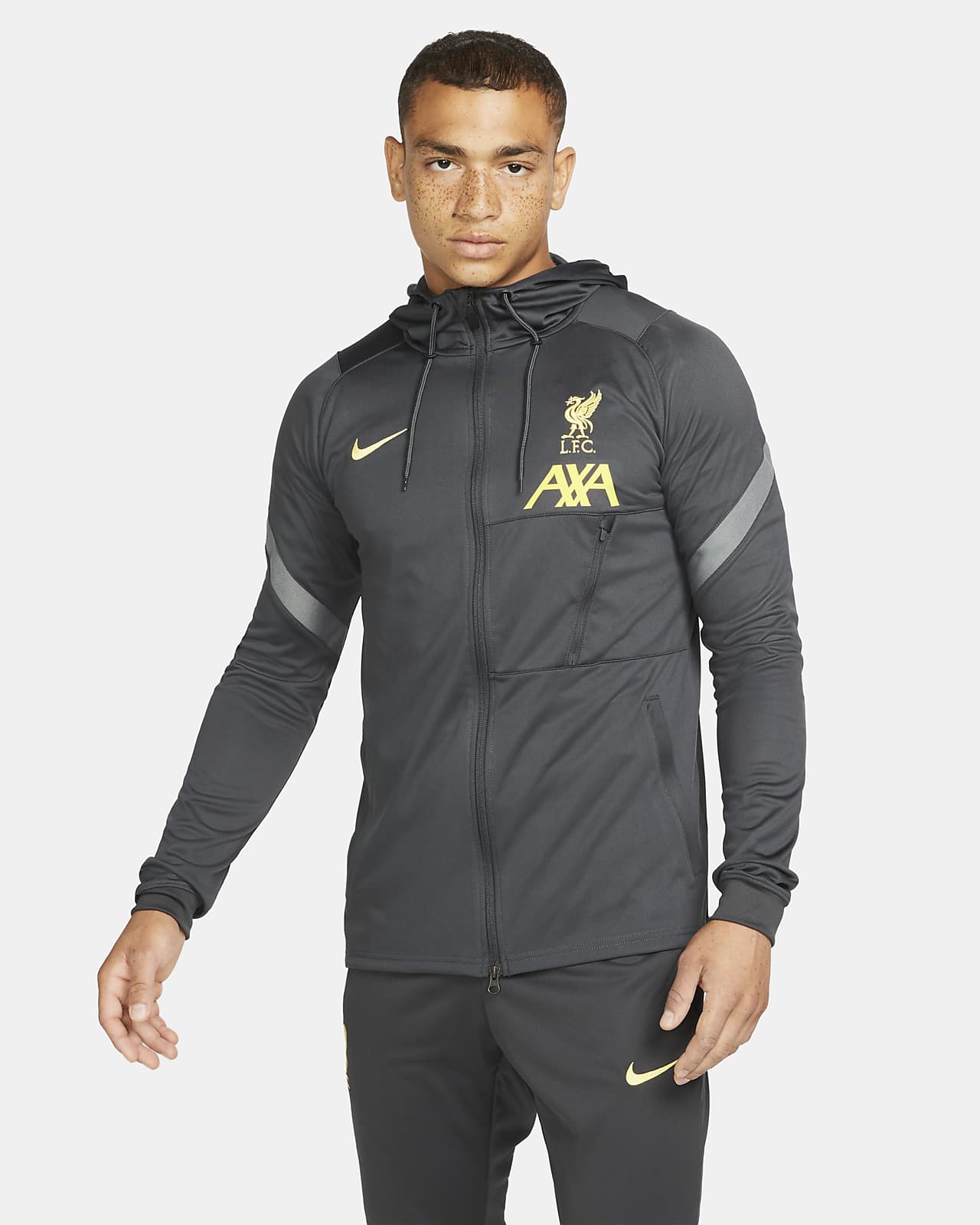 เสื้อแจ็คเก็ตวอร์มฟุตบอลผู้ชายแบบถัก Nike Dri-FIT Liverpool FC Strike