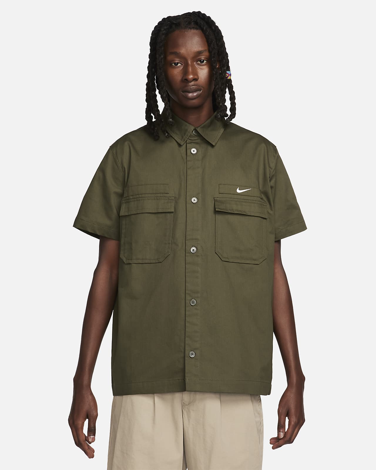Nike Life Men\'s Woven Military Short-Sleeve Button-Down Shirt.