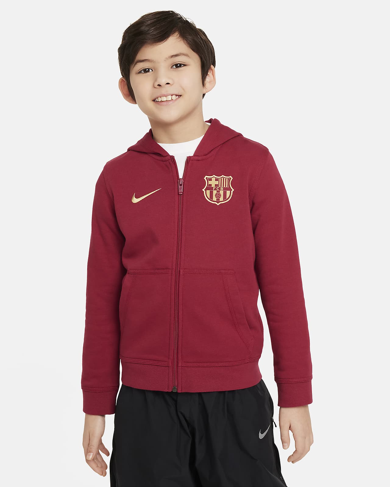 Fotbalová mikina Nike FC Barcelona Club s kapucí a zipem po celé délce pro větší děti (chlapce)