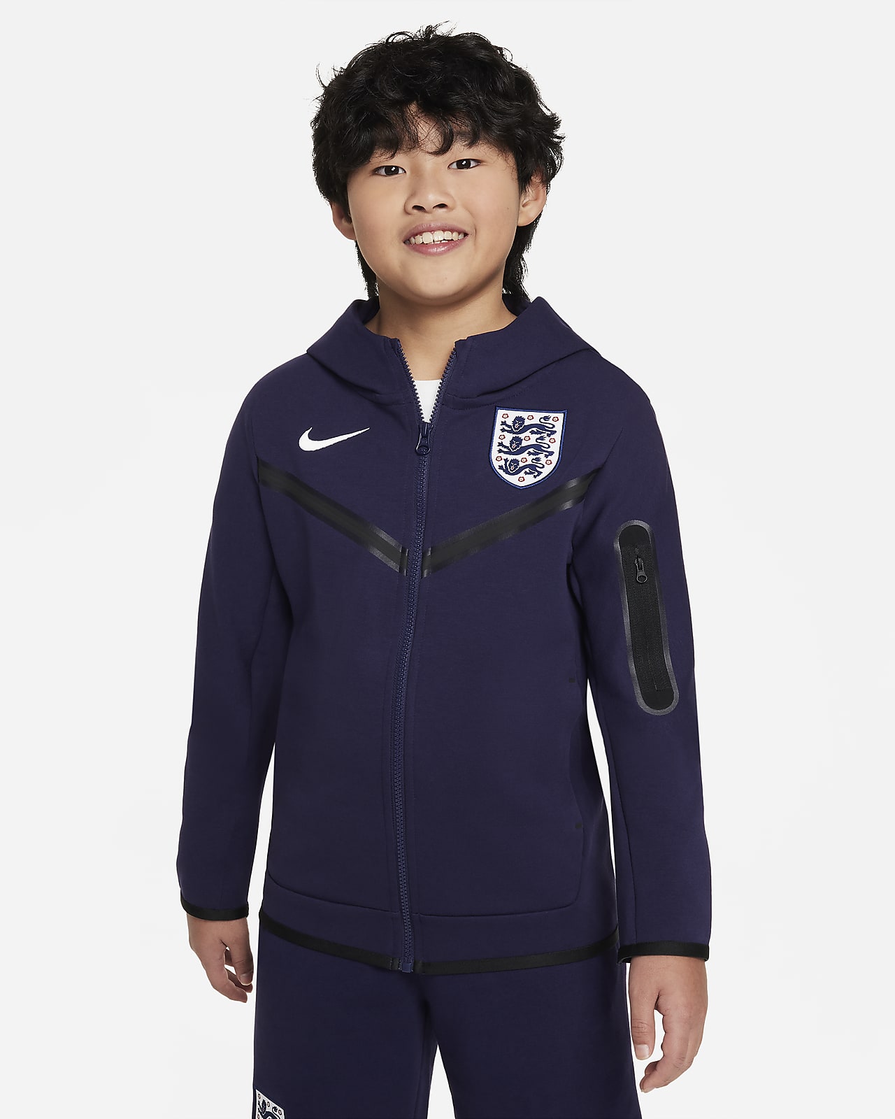 Ποδοσφαιρική μπλούζα με κουκούλα και φερμουάρ σε όλο το μήκος Nike Αγγλία Tech Fleece για μεγάλα αγόρια