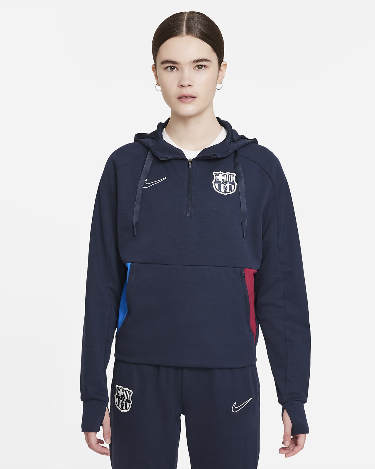 Sweat à capuche de football à 1/4 de zip et en tissu Fleece FC Barcelona pour Femme