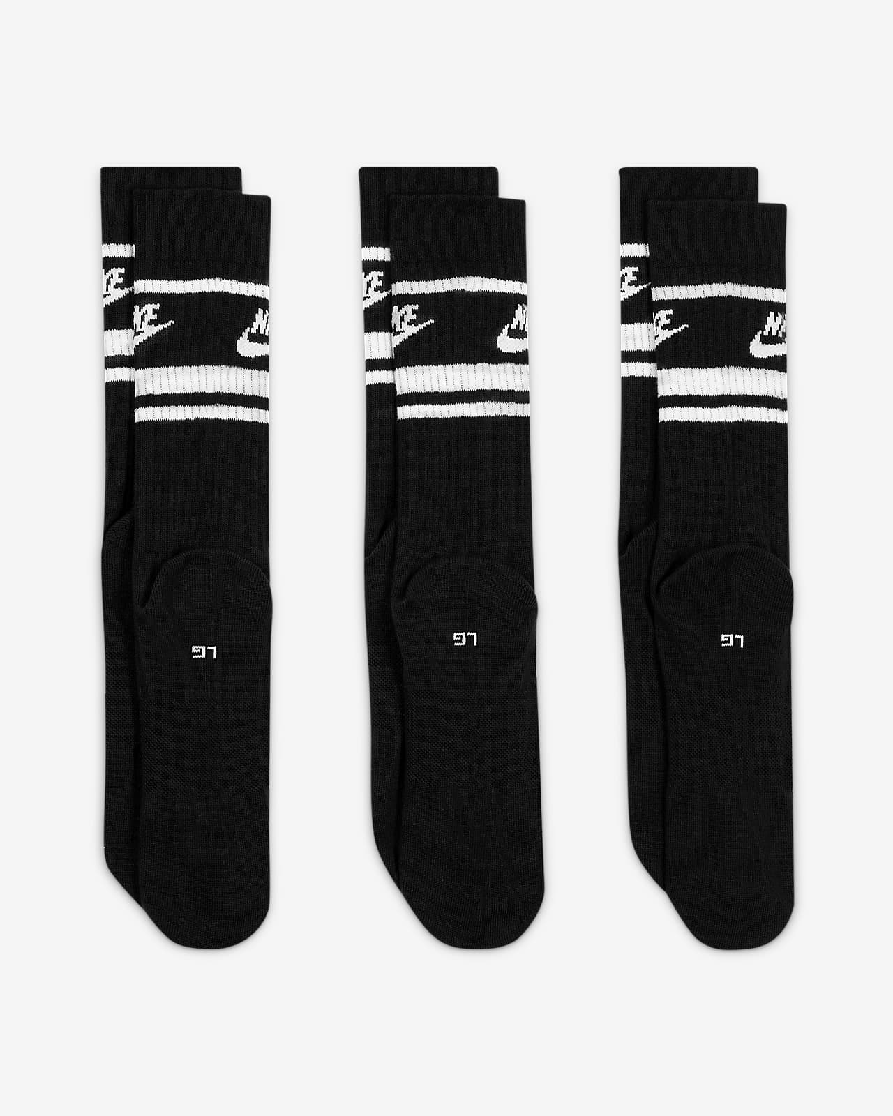 Sportswear Everyday Essential Crew Socks 3 Pack in Black/Black Size Large Polyester/Spandex Finish Line Clothing Underwear Socks 
