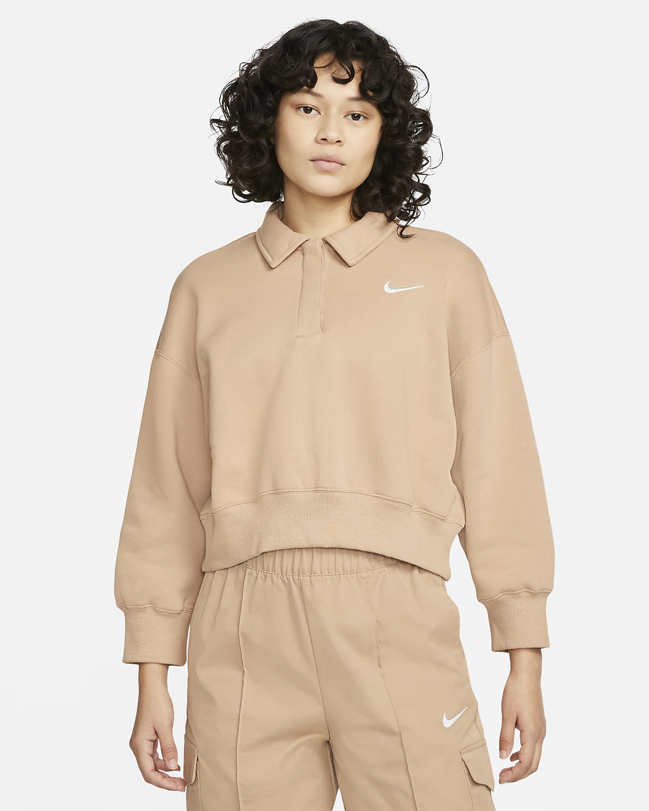 Kort Nike Sportswear Phoenix Fleece-polosweatshirt med 3/4-ærmer til kvinder