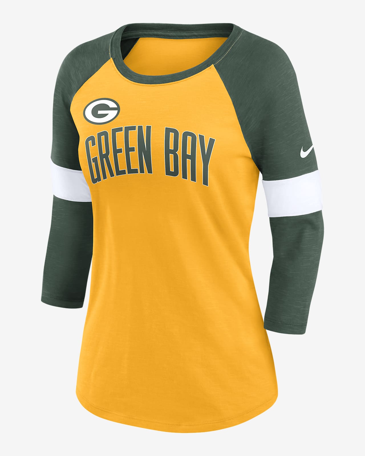 Women's Nike Green Bay Packers Heather Gold/Heather Football Pride Raglan 3/4-Sleeve T-Shirt Size: Small