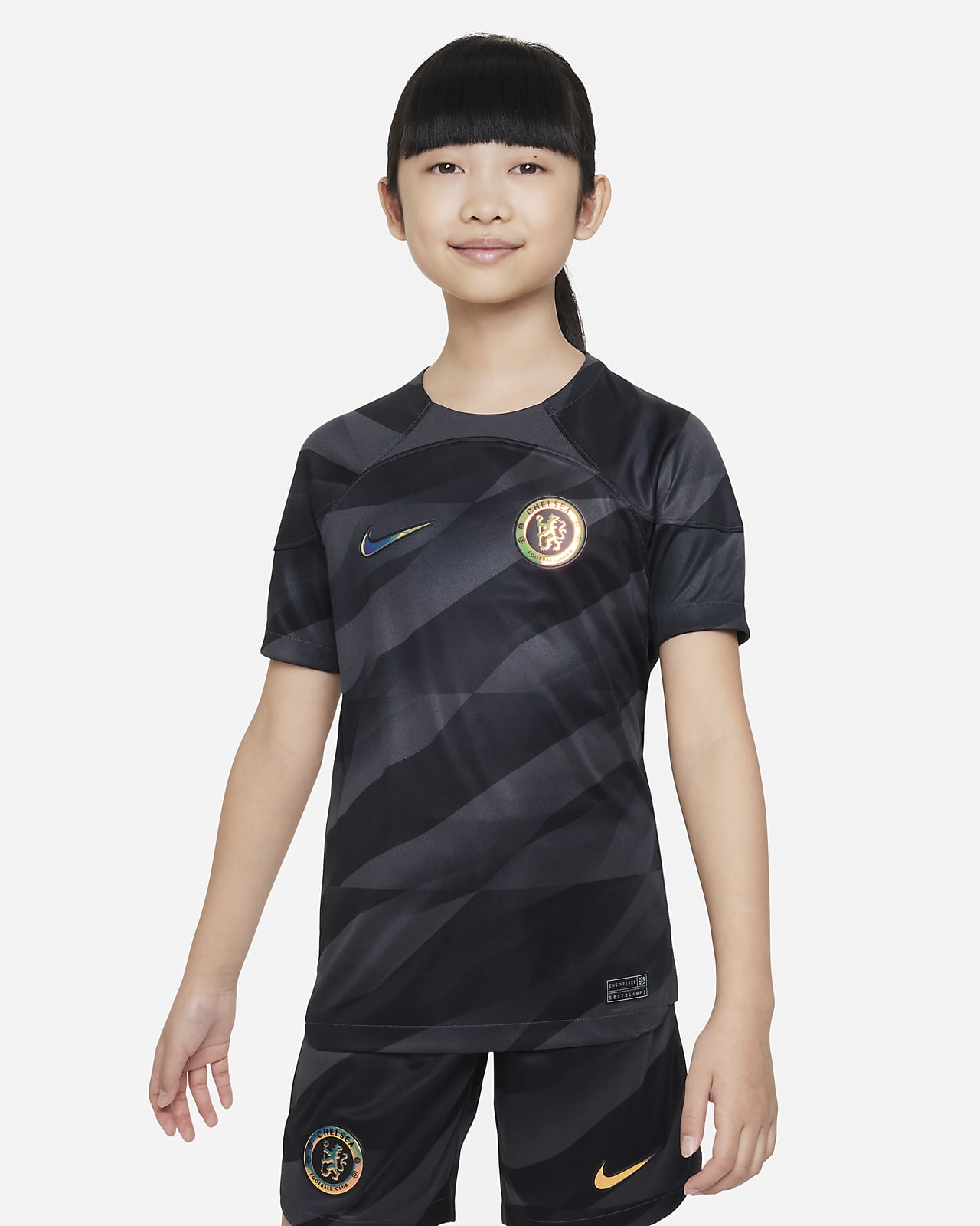 Kortærmet Chelsea FC 2023/24 Stadium Goalkeeper Nike Dri-FIT-fodboldtrøje til større børn.