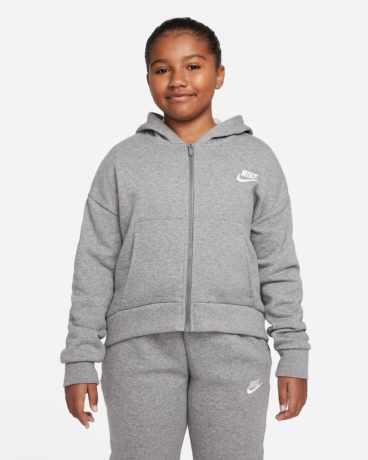 Huvtröja med hel dragkedja Nike Sportswear Club Fleece för ungdom (tjejer) (utökade storlekar)
