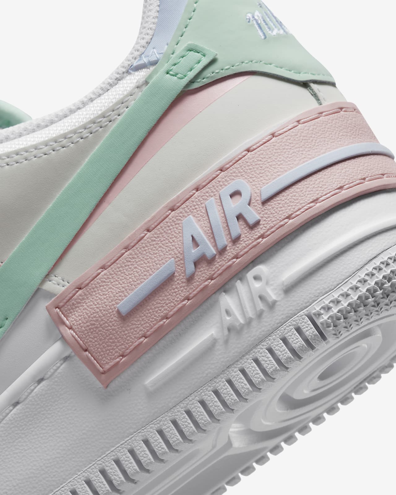 Nike Air Force 1 Shadow trainers in white pink and green