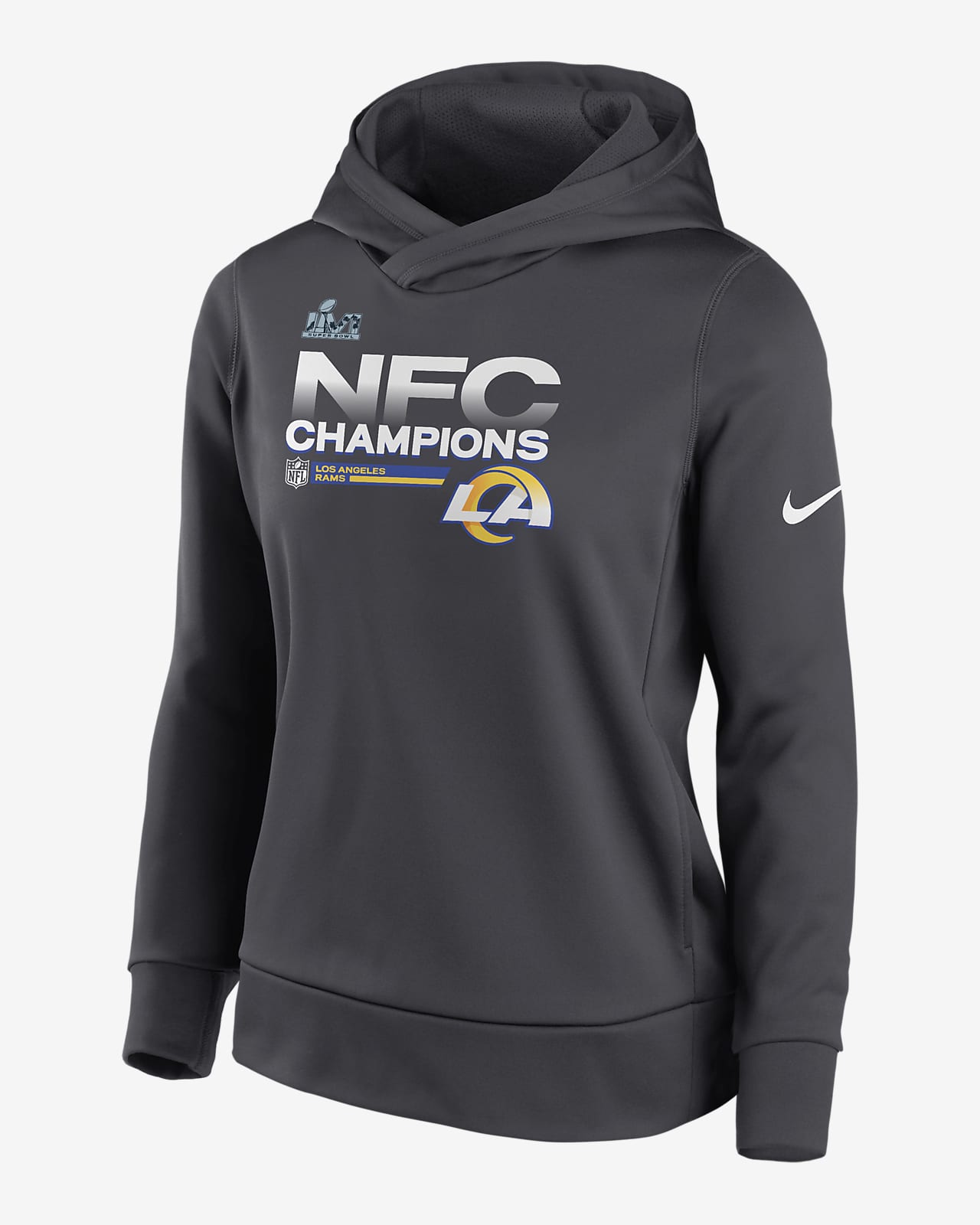 Nike Therma 2021 NFC Champions Trophy Collection (NFL Los Angeles Rams)  Women's Pullover Hoodie.