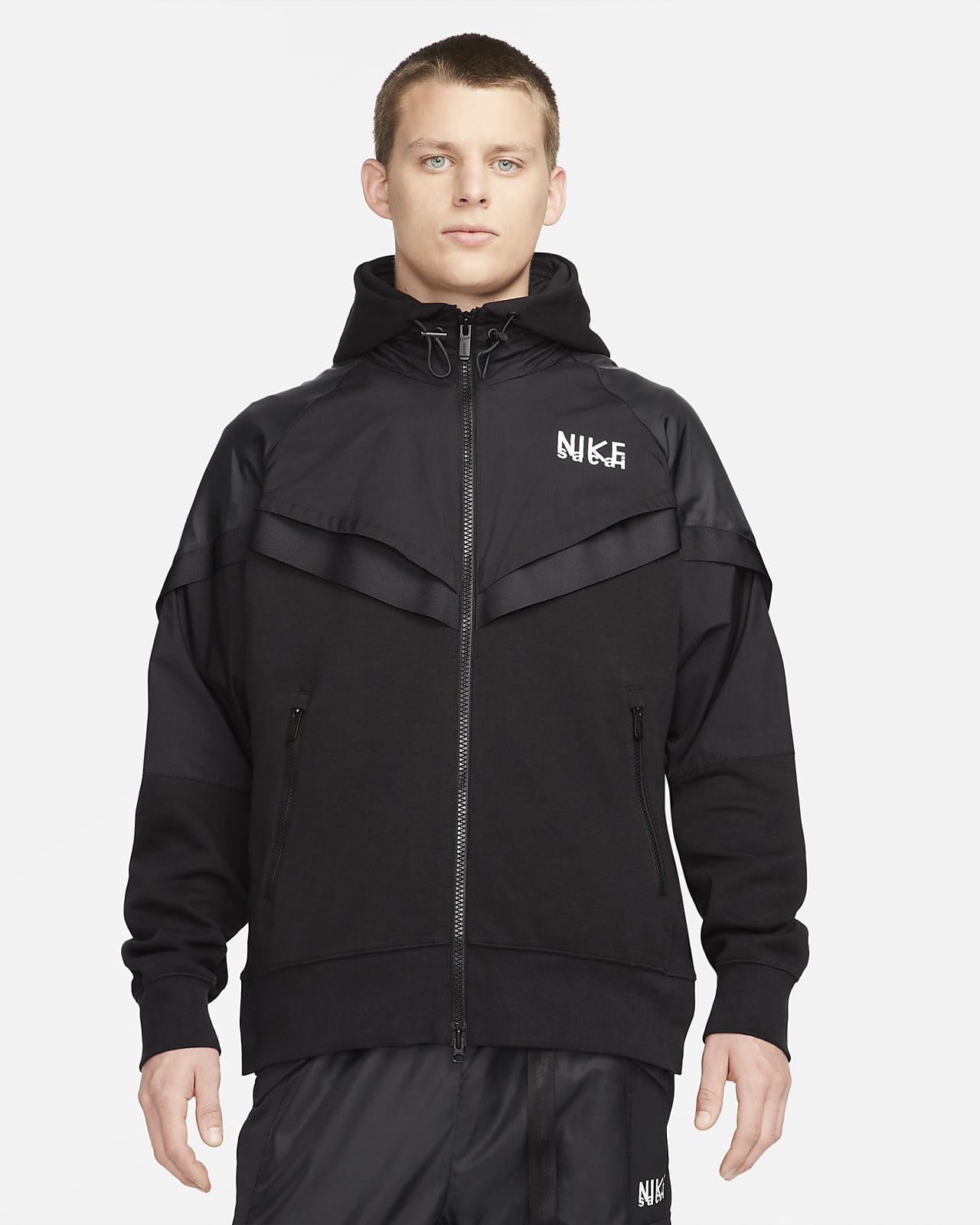 ナイキ ×サカイ Sacai  AS M NRG FULL ZIP HOODIE DQ9030-010 ロゴプリントナイロン切替ジップアップブルゾン メンズ XS