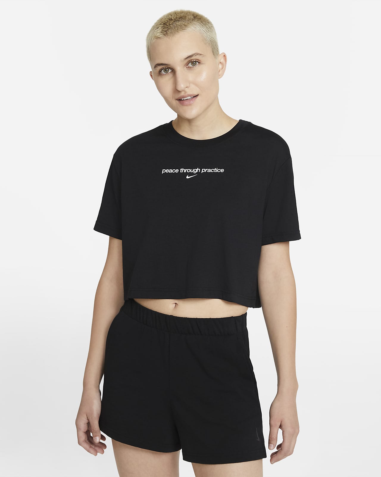Nike Yoga Women's Cropped Graphic T-Shirt in Black, Size: 2XL | DJ6235-010