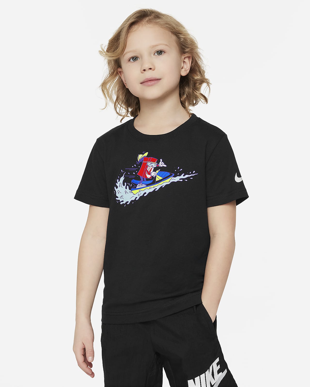 T-shirt o pudełkowym kroju z nadrukiem skutera wodnego dla małych dzieci Nike