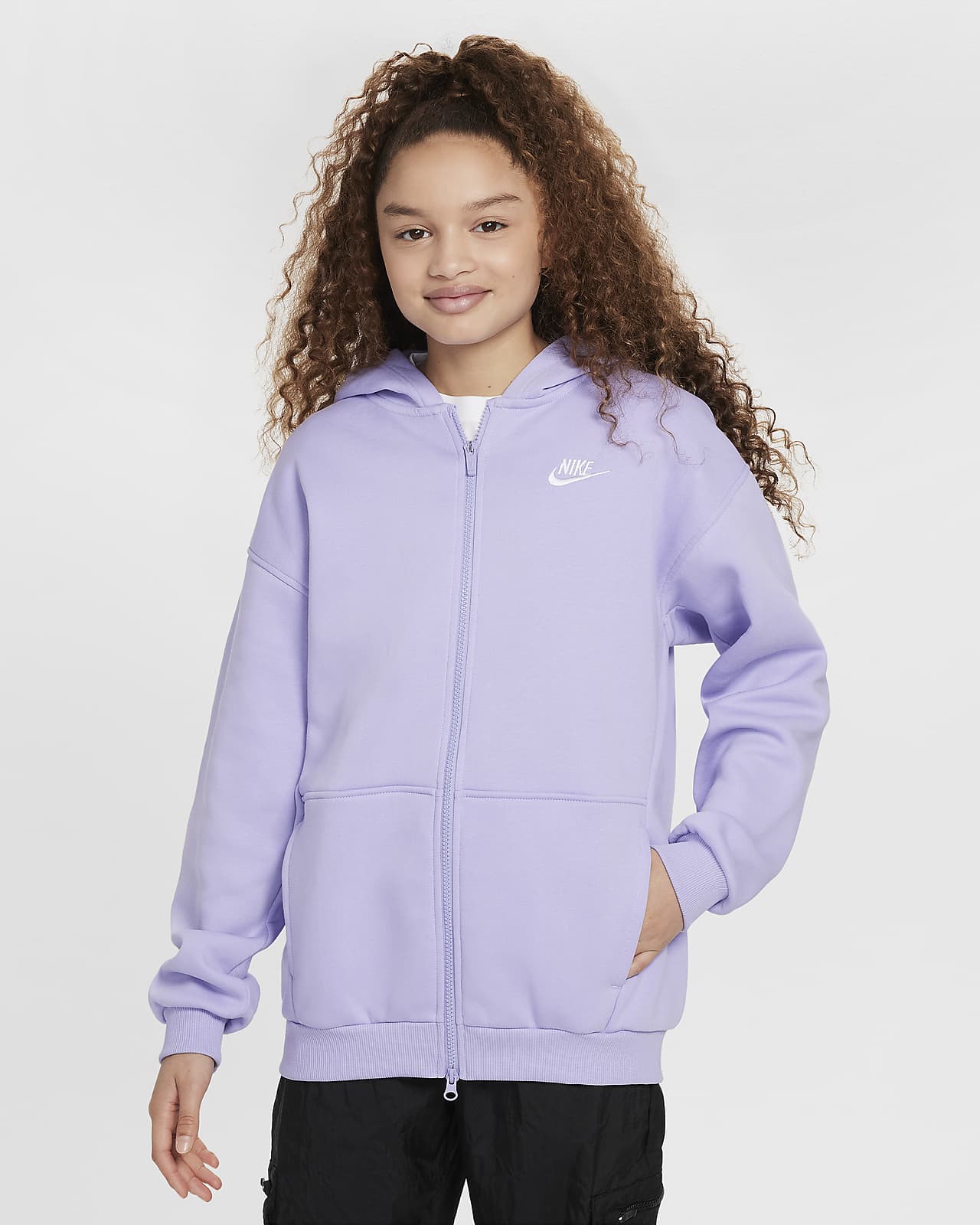 Bluza z kapturem i zamkiem na całej długości o kroju oversize dla dużych dzieci (dziewcząt) Nike Sportswear Club Fleece