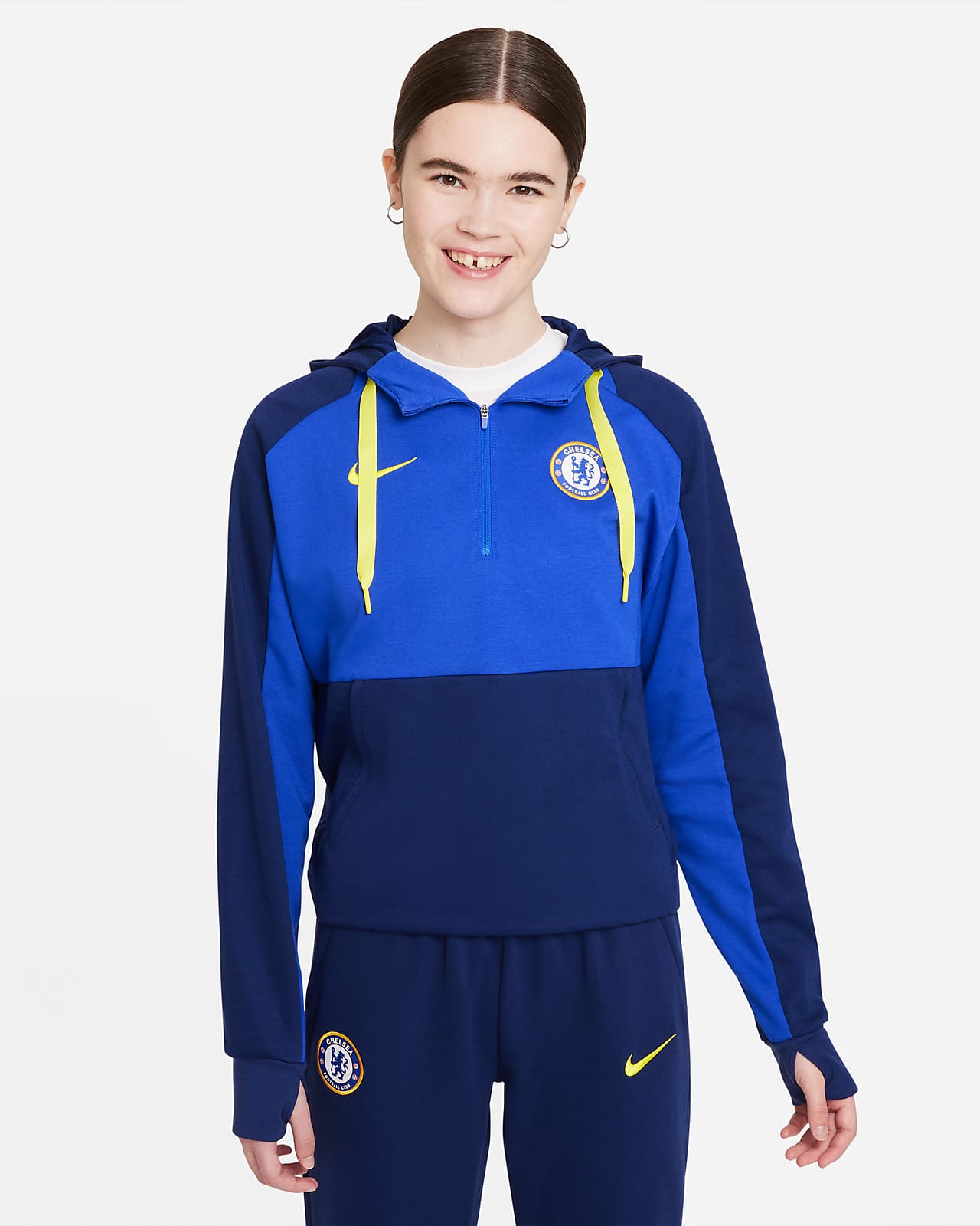 Damska dzianinowa bluza piłkarska z kapturem i zamkiem 1/4 Chelsea FC