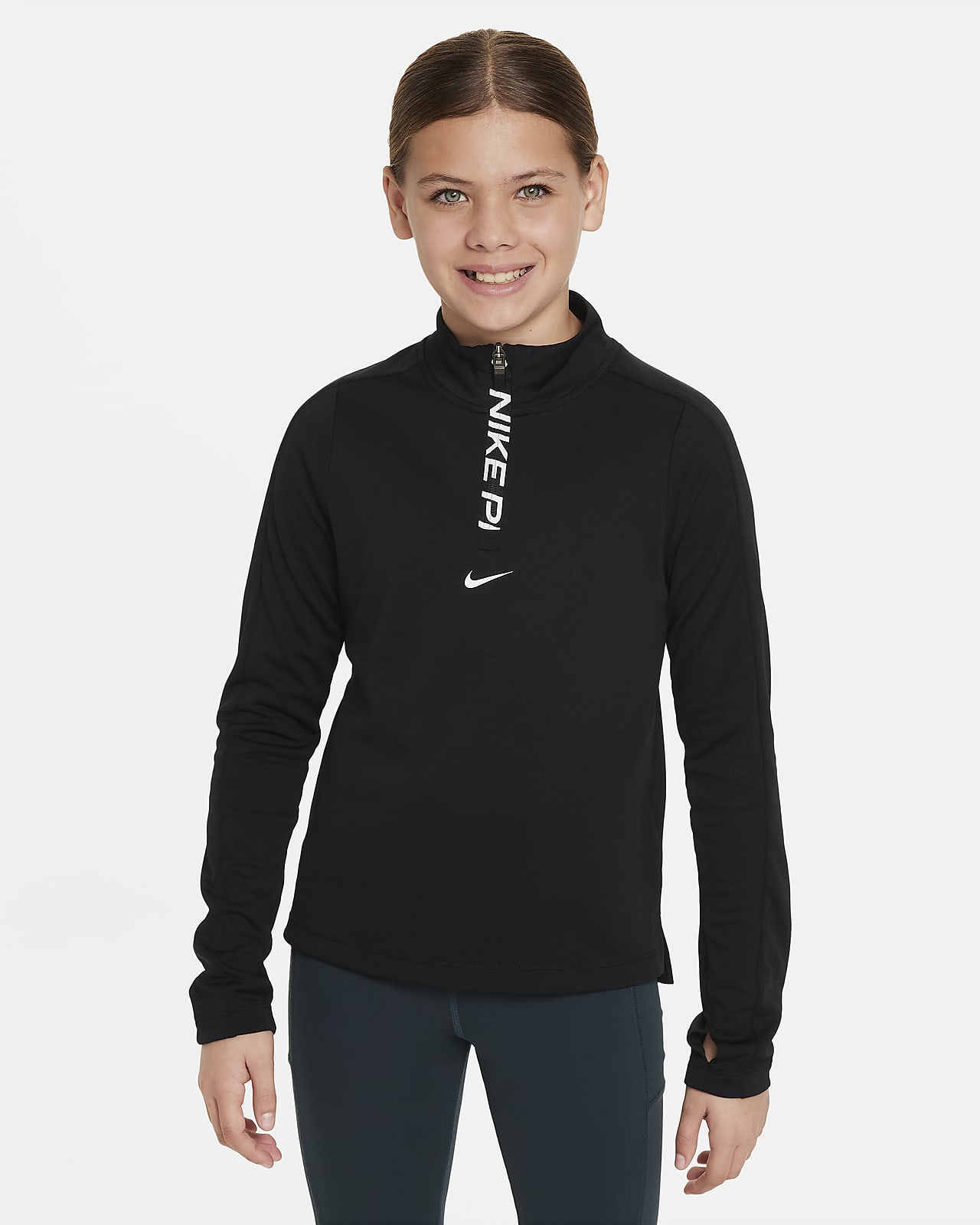 Nike Pro Dri-FIT-top med lange ærmer og 1/2-lynlås til piger